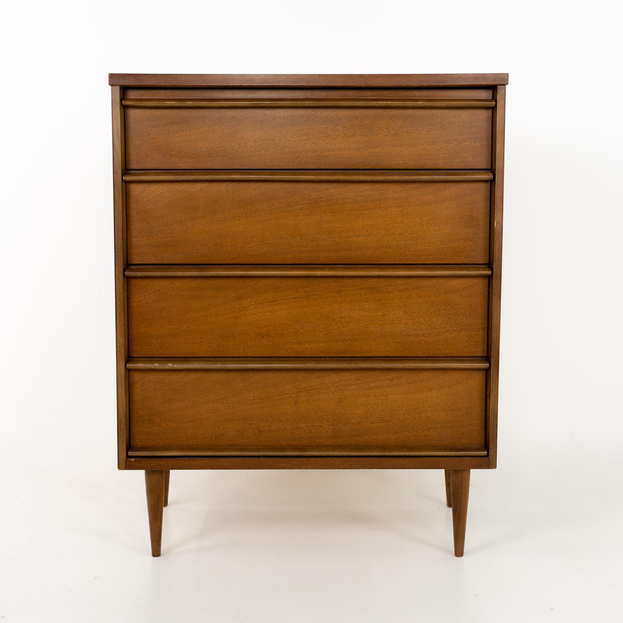 Paul McCobb style Bassett Mid Century walnut 4 drawer highboy dresser
This dresser is 34 wide x 18 deep x 43.5 inches high

This price includes getting this piece in what we call restored vintage condition. That means the piece is permanently fixed