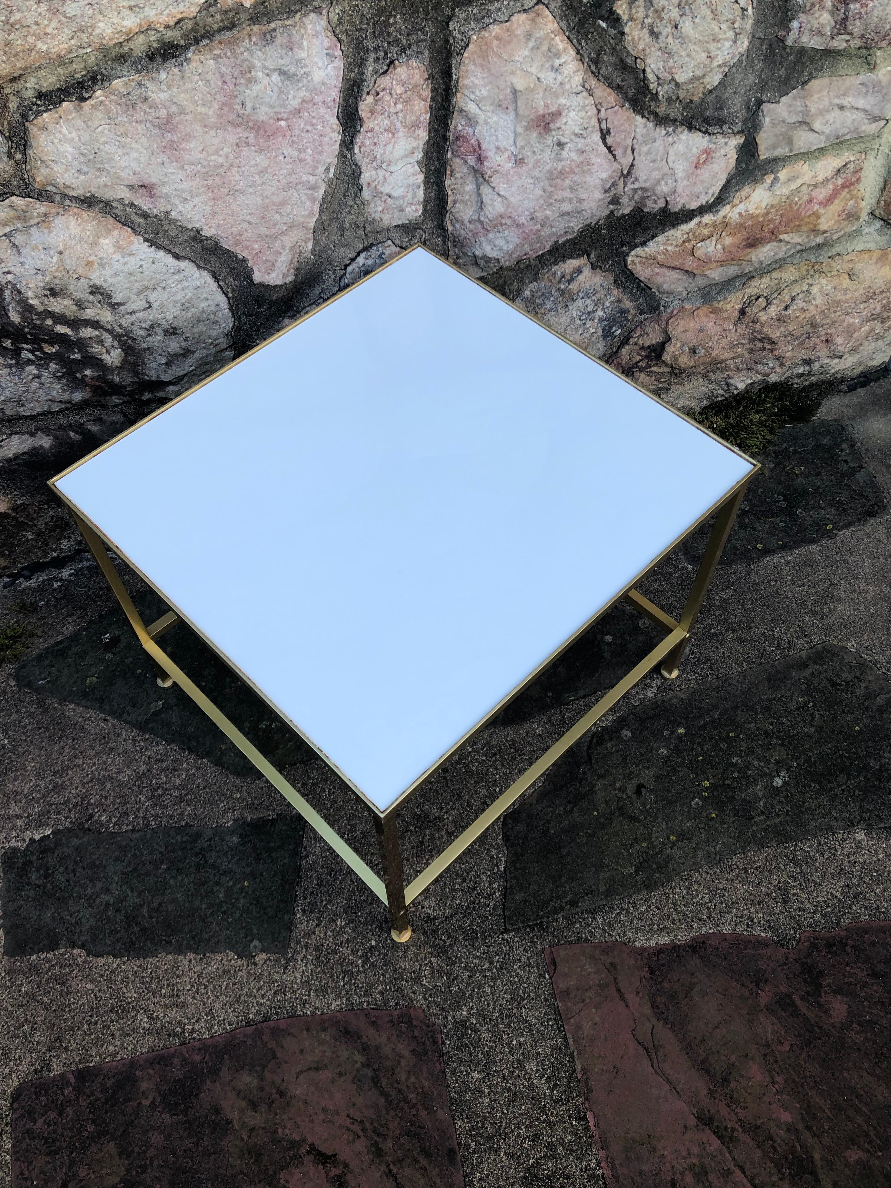 Mid-Century Modern Paul McCobb Style Brass Frame Side Table with White Vitrolite Glass Top