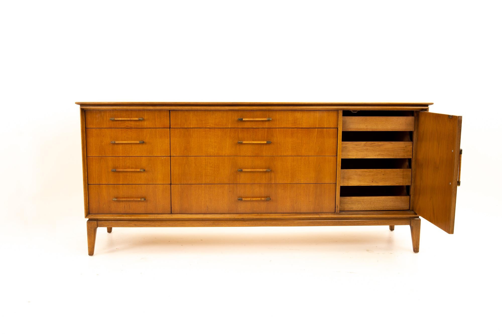 Mid-Century Modern Paul McCobb Style Century Furniture Walnut and Cane 12-Drawer Lowboy Dresser