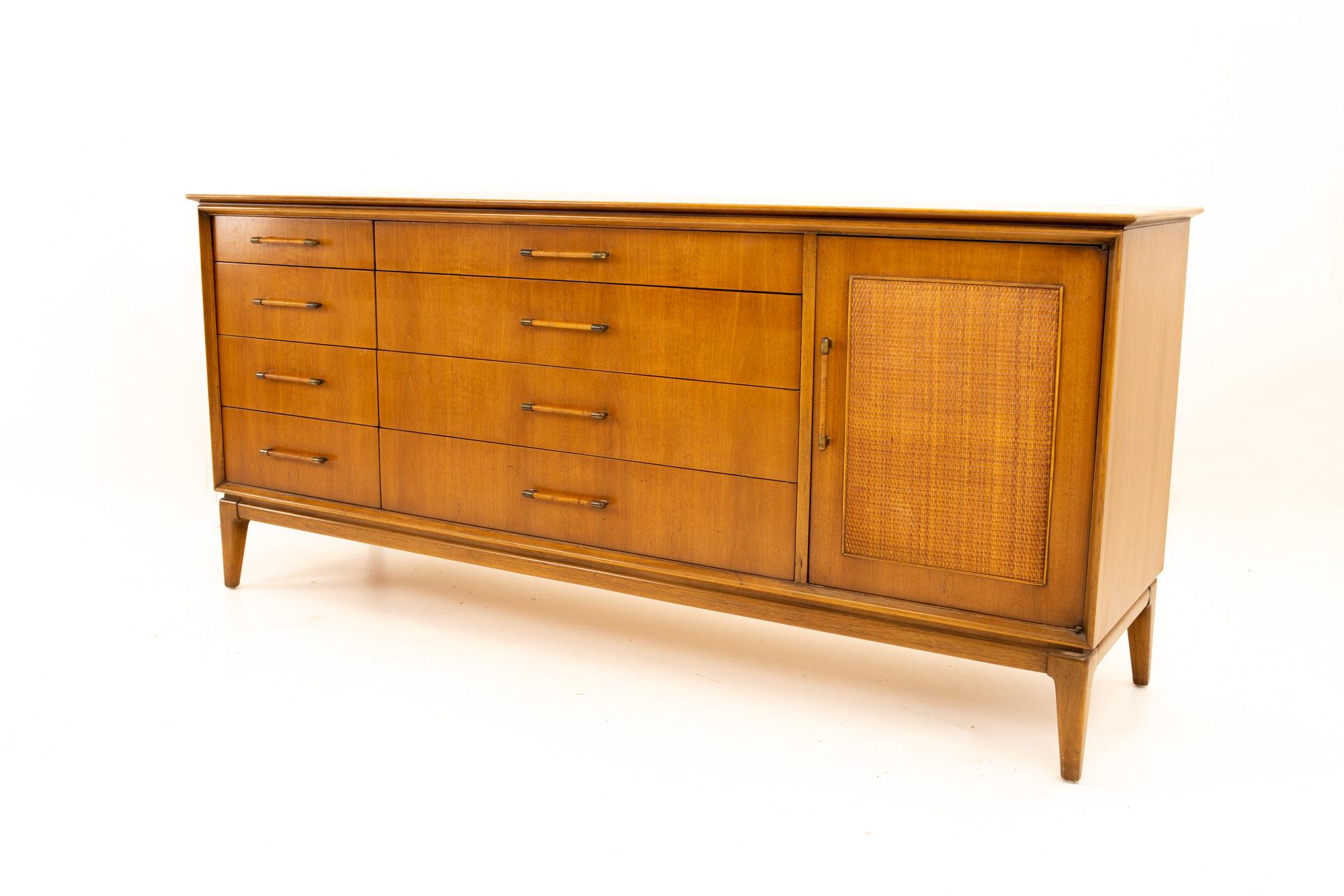 American Paul McCobb Style Century Furniture Walnut and Cane 12-Drawer Lowboy Dresser
