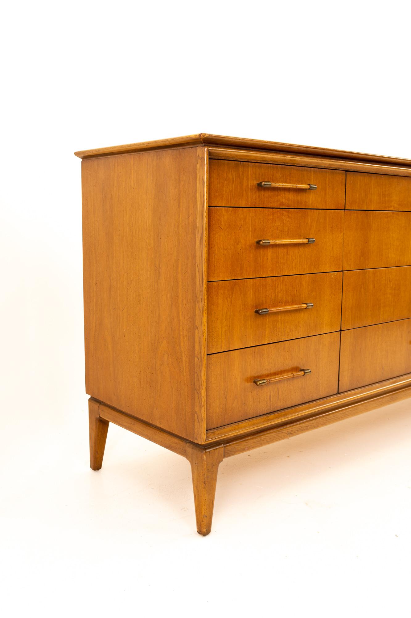 Late 20th Century Paul McCobb Style Century Furniture Walnut and Cane 12-Drawer Lowboy Dresser