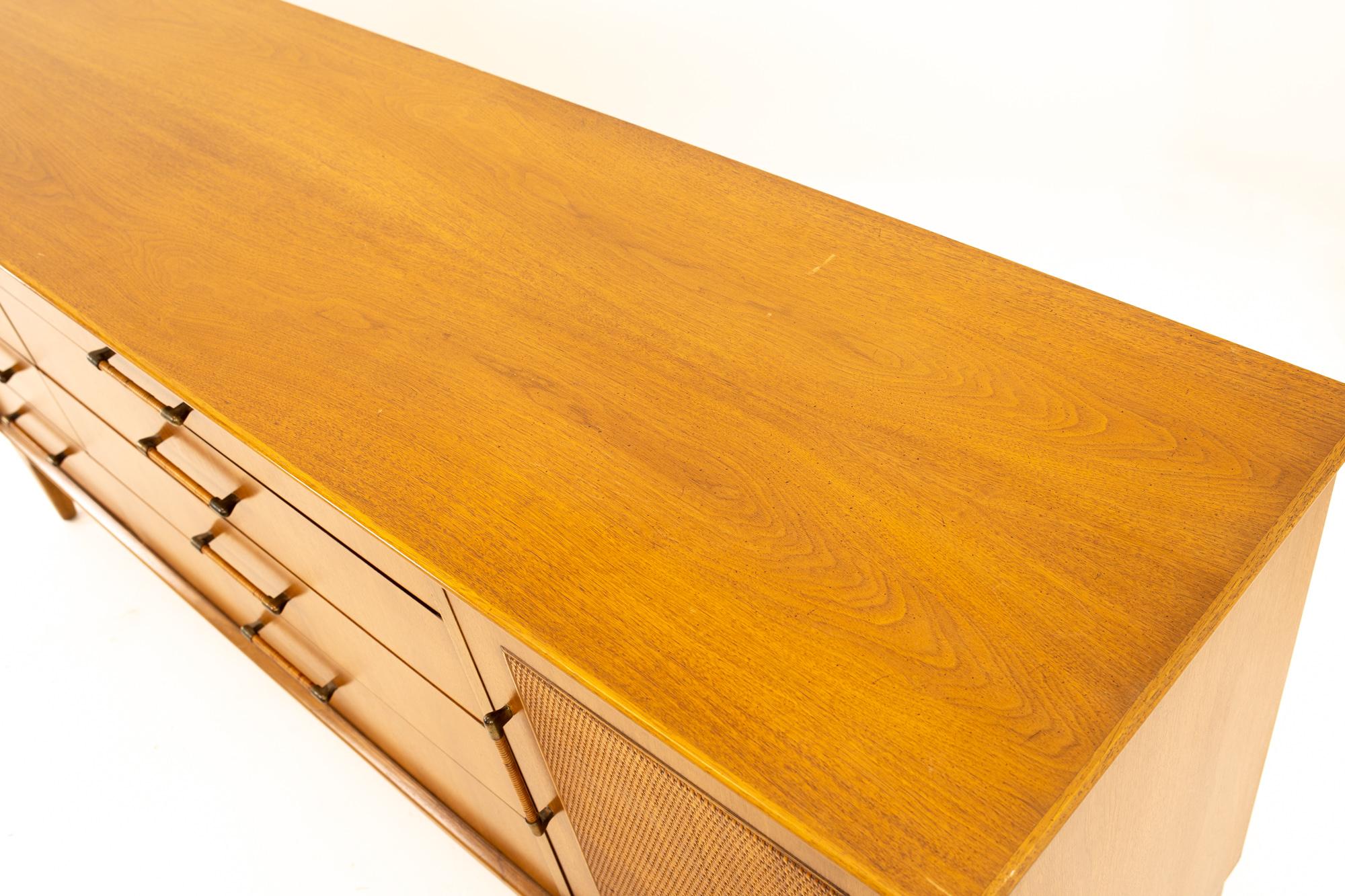 Paul McCobb Style Century Furniture Walnut and Cane 12-Drawer Lowboy Dresser 1