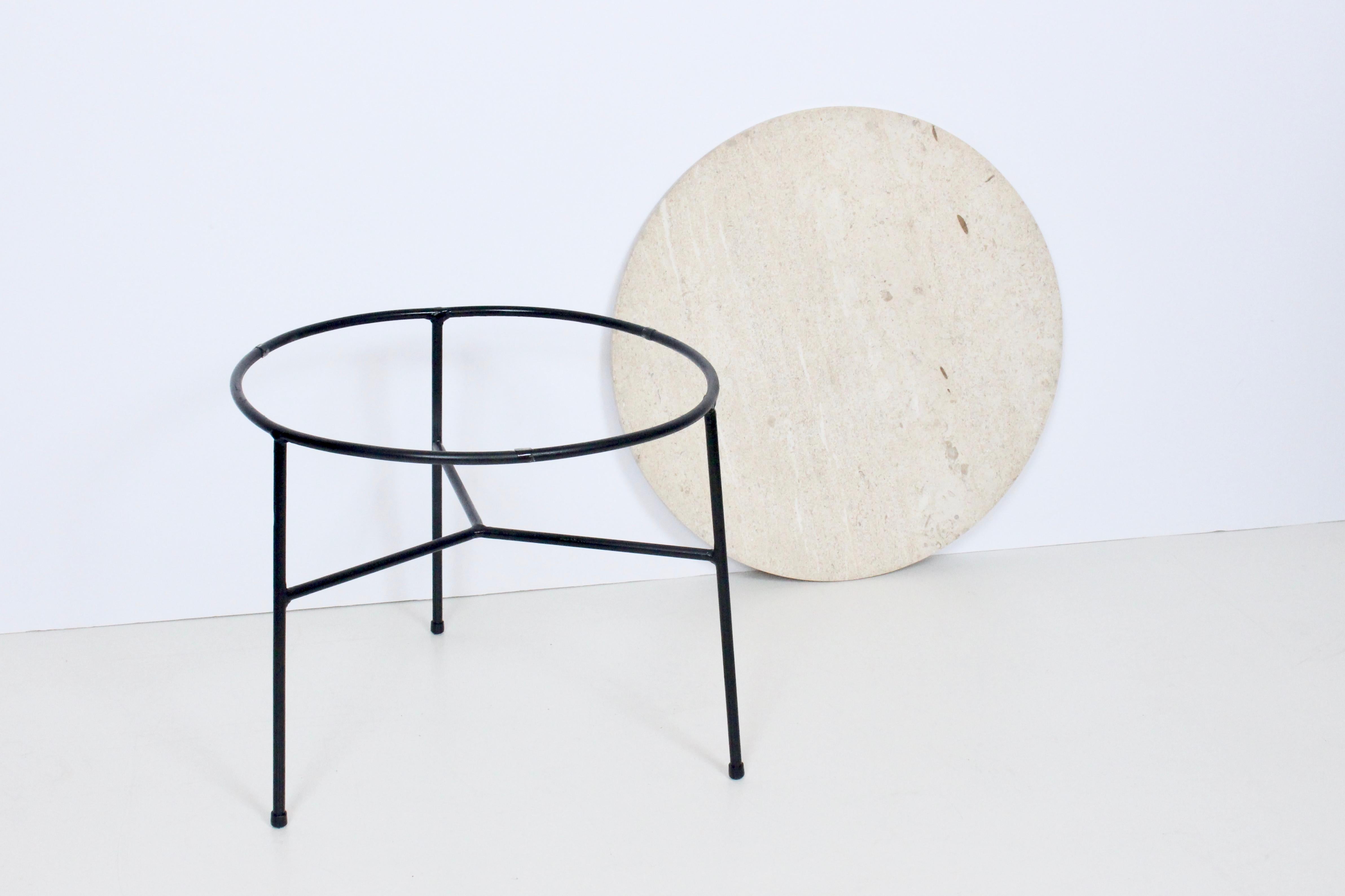 Paul McCobb Style Circular Travertine and Black Iron Tripod Coffee Table 8