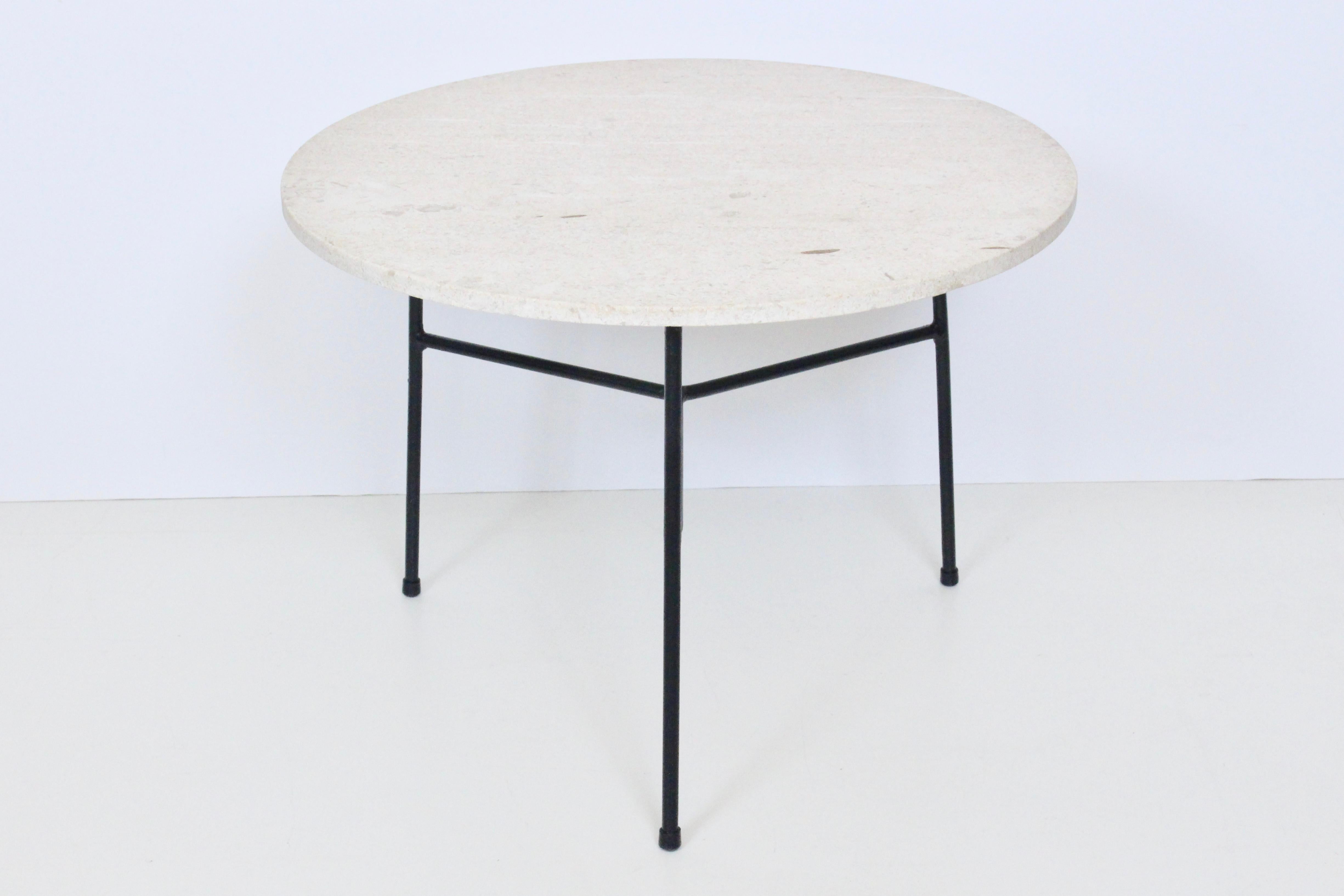 Mid-Century Modern Paul McCobb Style Circular Travertine and Black Iron Tripod Coffee Table