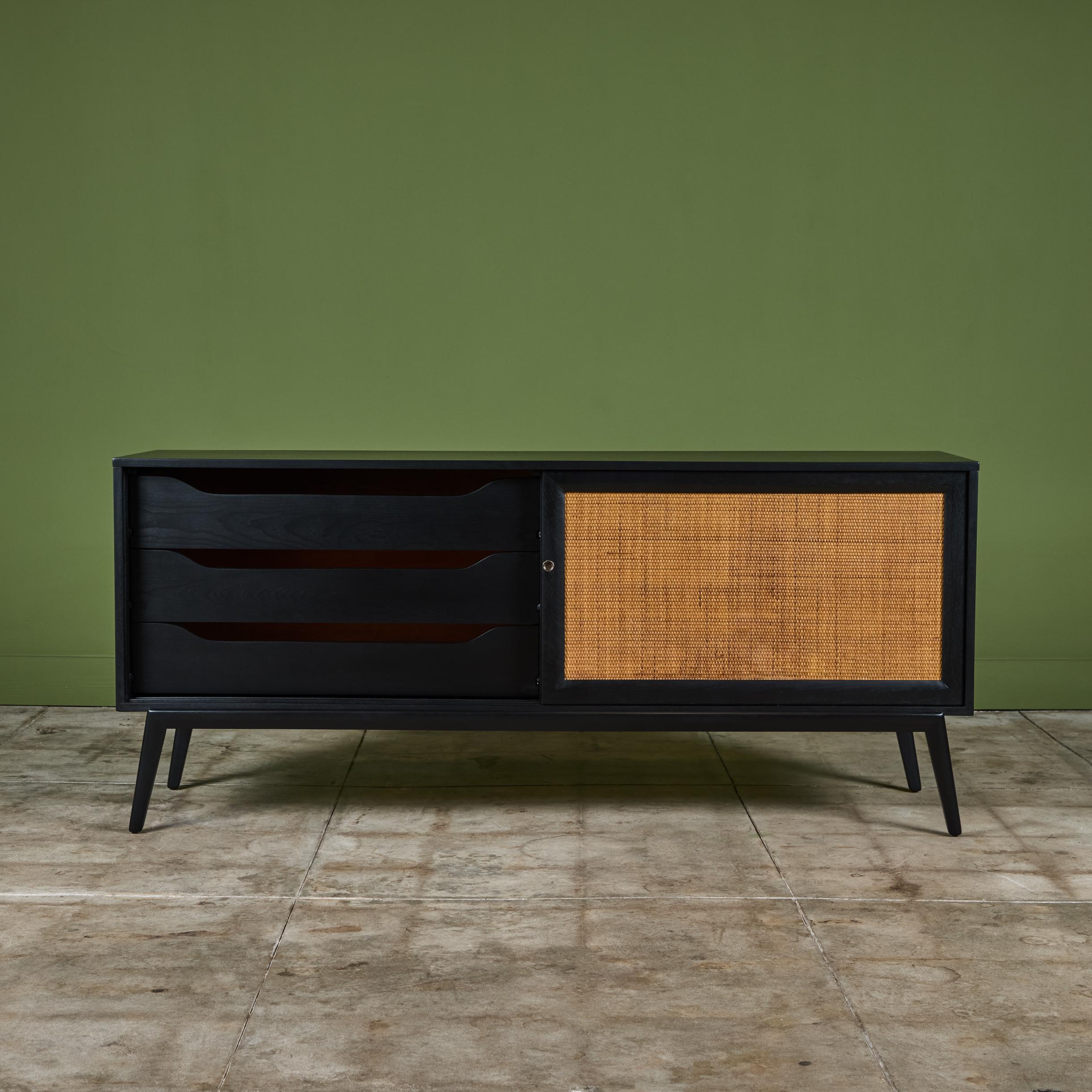 Paul McCobb Style Credenza with Cane Door Fronts In Excellent Condition In Los Angeles, CA