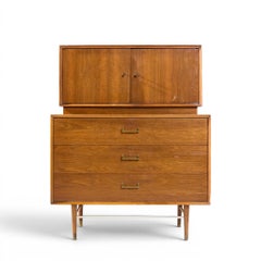 Paul McCobb Style Furnette Mid Century Walnut and Brass Highboy Dresser