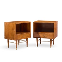 Paul McCobb Style Furnette Mid Century Walnut and Brass Nightstands - Pair