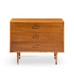 Paul McCobb Style Furnette Mid Century Walnut and Brass Three Drawer Dresser