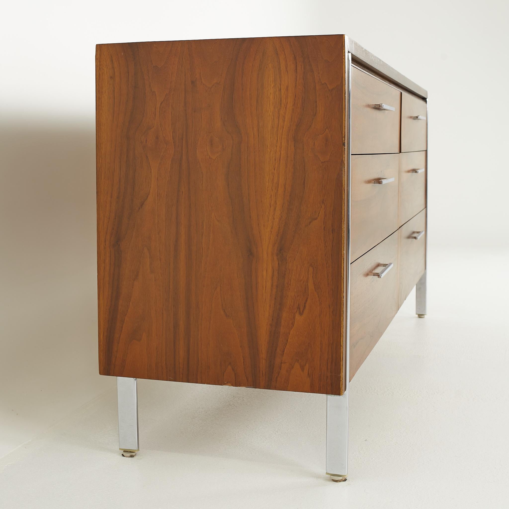 American Paul McCobb Style Lane Mid Century 6-Drawer Walnut and Chrome Lowboy Dresser