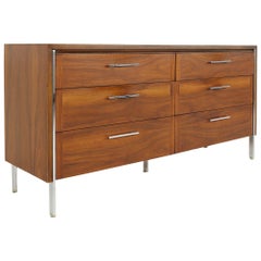 Paul McCobb Style Lane Mid Century 6-Drawer Walnut and Chrome Lowboy Dresser