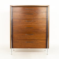 Paul McCobb Style Lane Mid Century Walnut and Chrome 6 Drawer Highboy Dresser