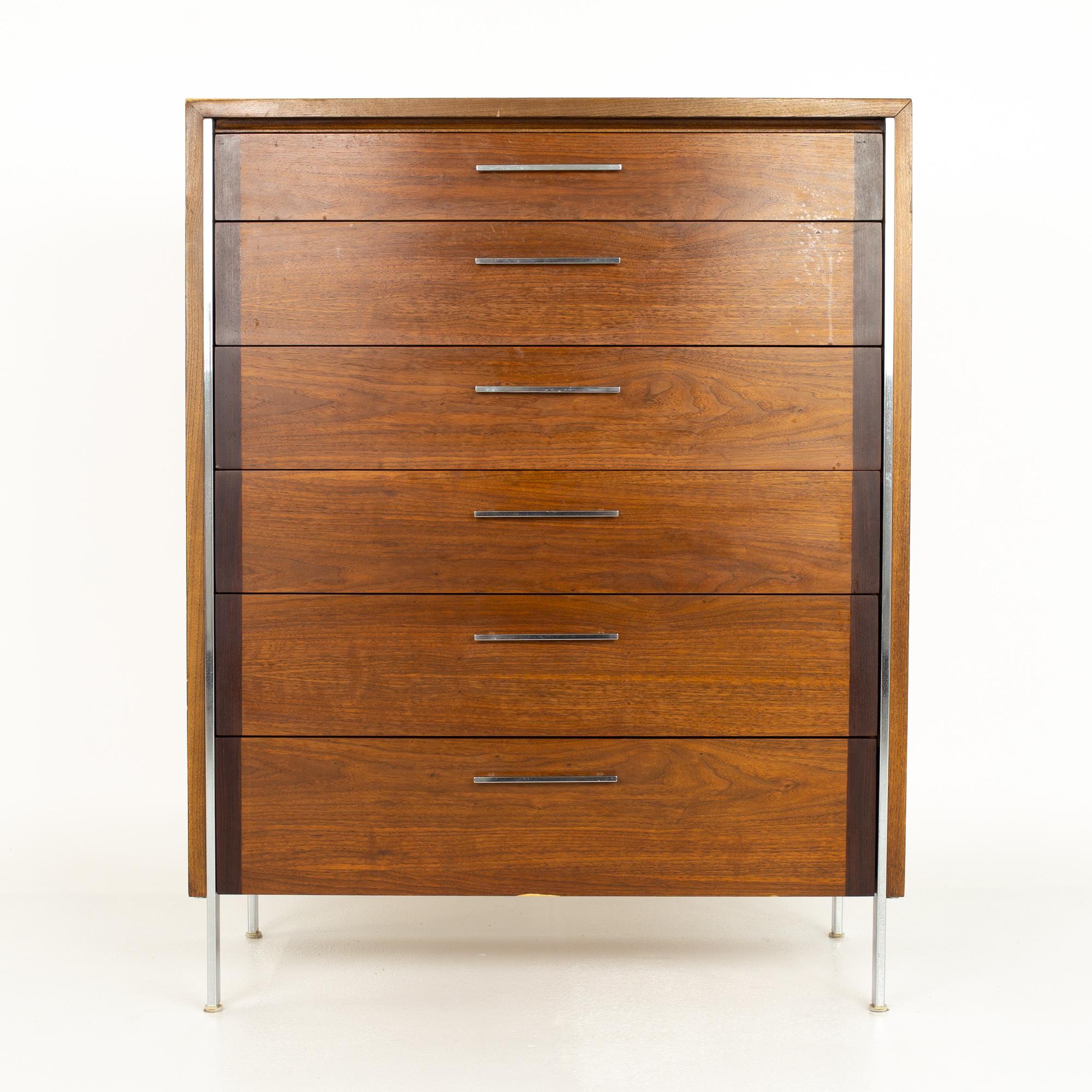 Paul McCobb style lane mid century walnut and chrome 6 drawer highboy dresser.

This dresser measures: 38 wide x 18 deep x 48 inches high

?All pieces of furniture can be had in what we call restored vintage condition. That means the piece is