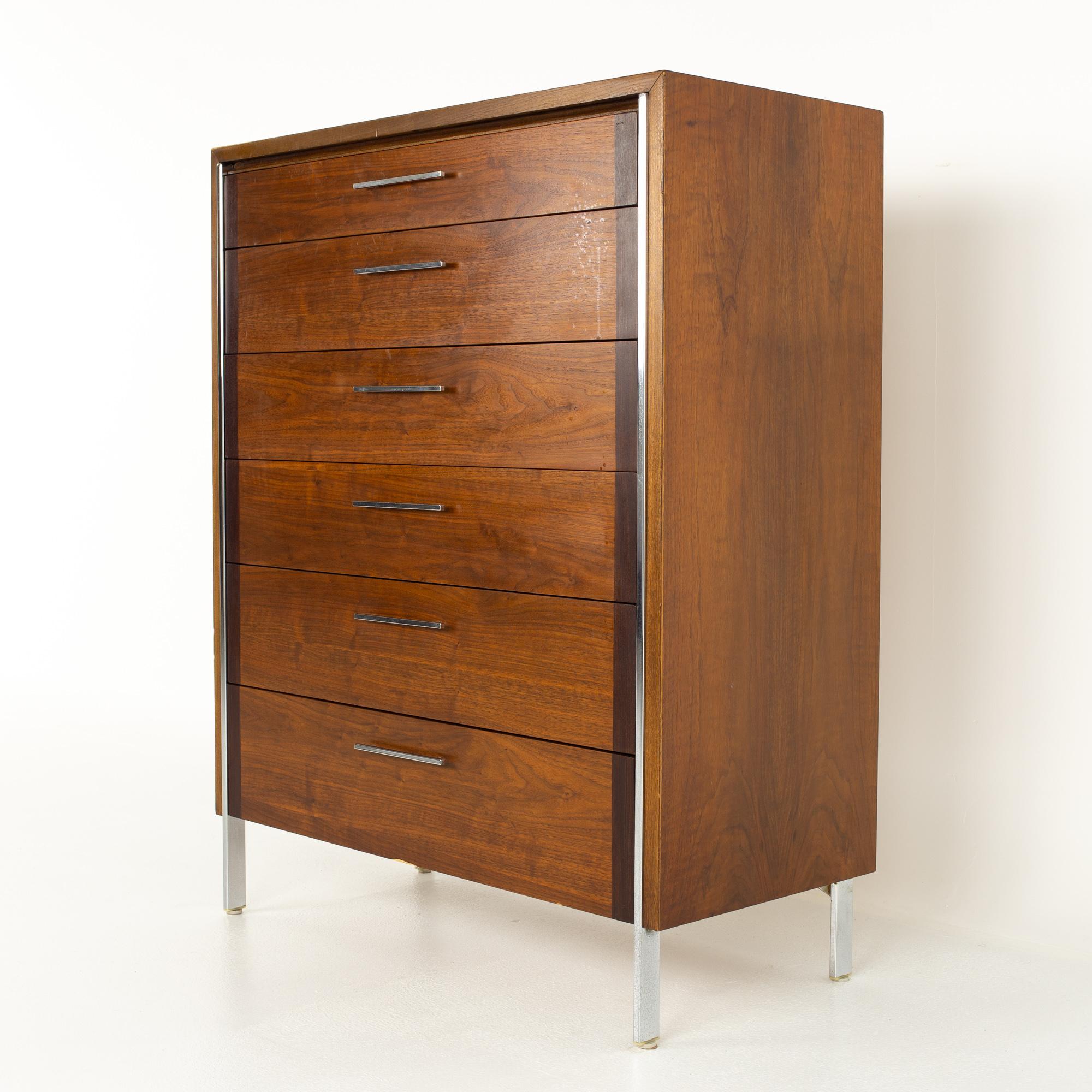 Mid-Century Modern Paul McCobb Style Lane Mid Century Walnut and Chrome 6 Drawer Highboy Dresser