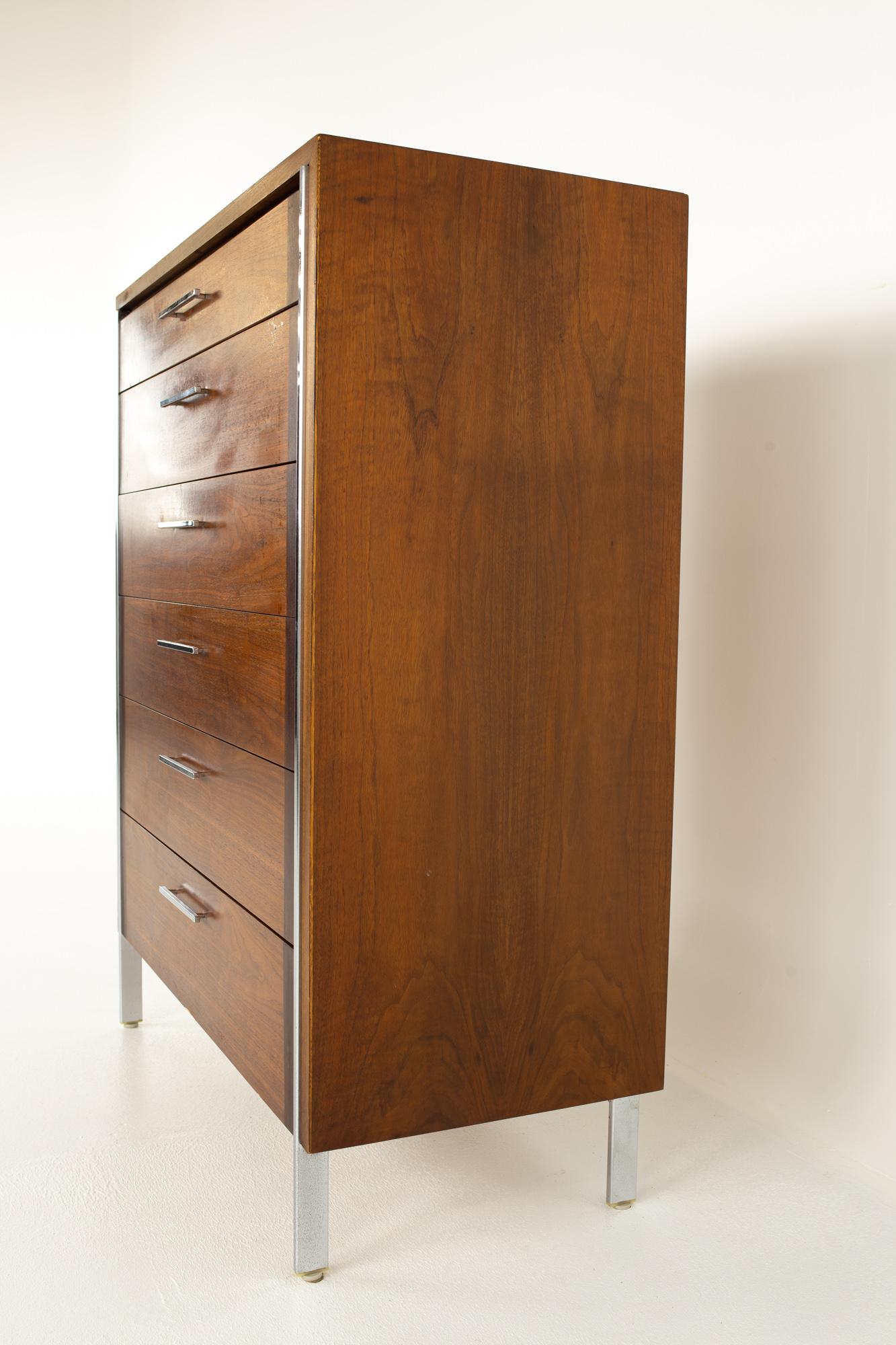 American Paul McCobb Style Lane Mid Century Walnut and Chrome 6 Drawer Highboy Dresser