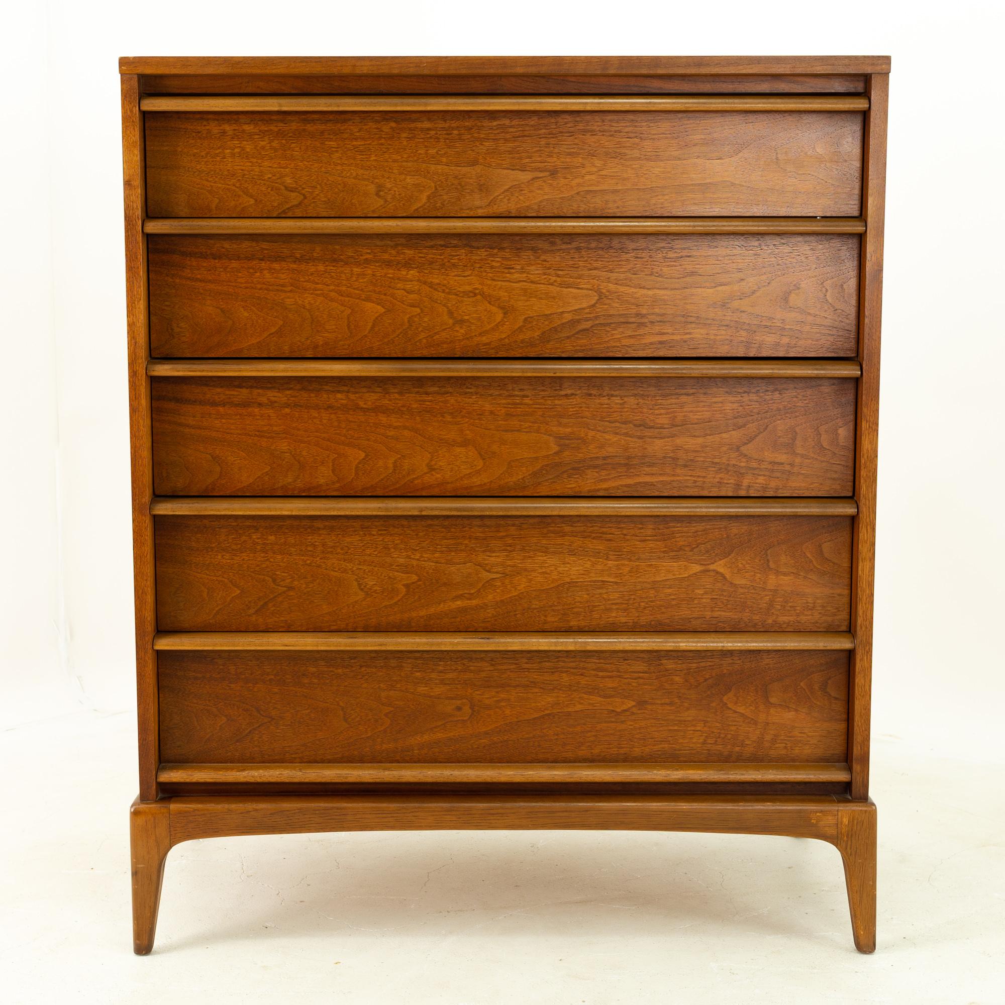 Paul McCobb style Lane Rhythm mid century 5 drawer walnut highboy dresser
Dresser measures 35.5 wide x 18 deep x 43.75 high

All pieces of furniture can be had in what we call restored vintage condition. That means the piece is restored upon