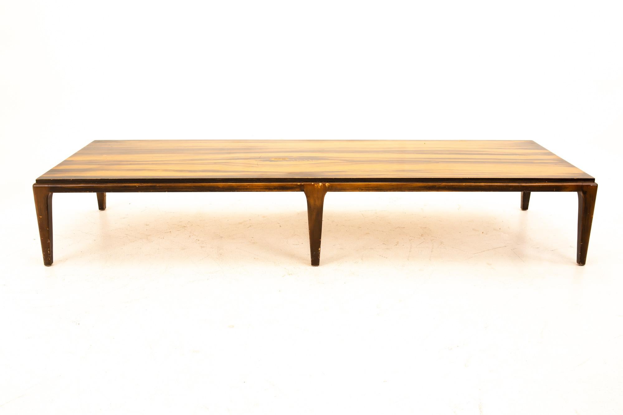 Paul McCobb style lane Rhythm Mid Century walnut and formica long coffee table.
Table measures: 73 wide x 25 deep x 12.25 high

All pieces of furniture can be had in what we call restored vintage condition. This means the piece is restored upon