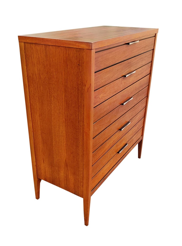Please note that I have the entire bedroom set at this time - See last picture. Long Dresser with Mirror. Tall Dresser.  Pair Nightstands. Group Discount Available. 

Tall, exceptional Mid-Century Modern walnut & rosewood dresser of chest