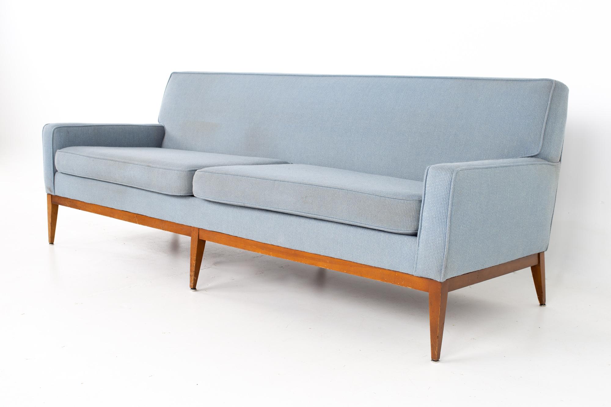 Paul McCobb style mid century blue sofa
Sofa measures: 82.5 wide x 31 deep x 30.5 high, with a seat height of 18 inches

All pieces of furniture can be had in what we call restored vintage condition. That means the piece is restored upon purchase