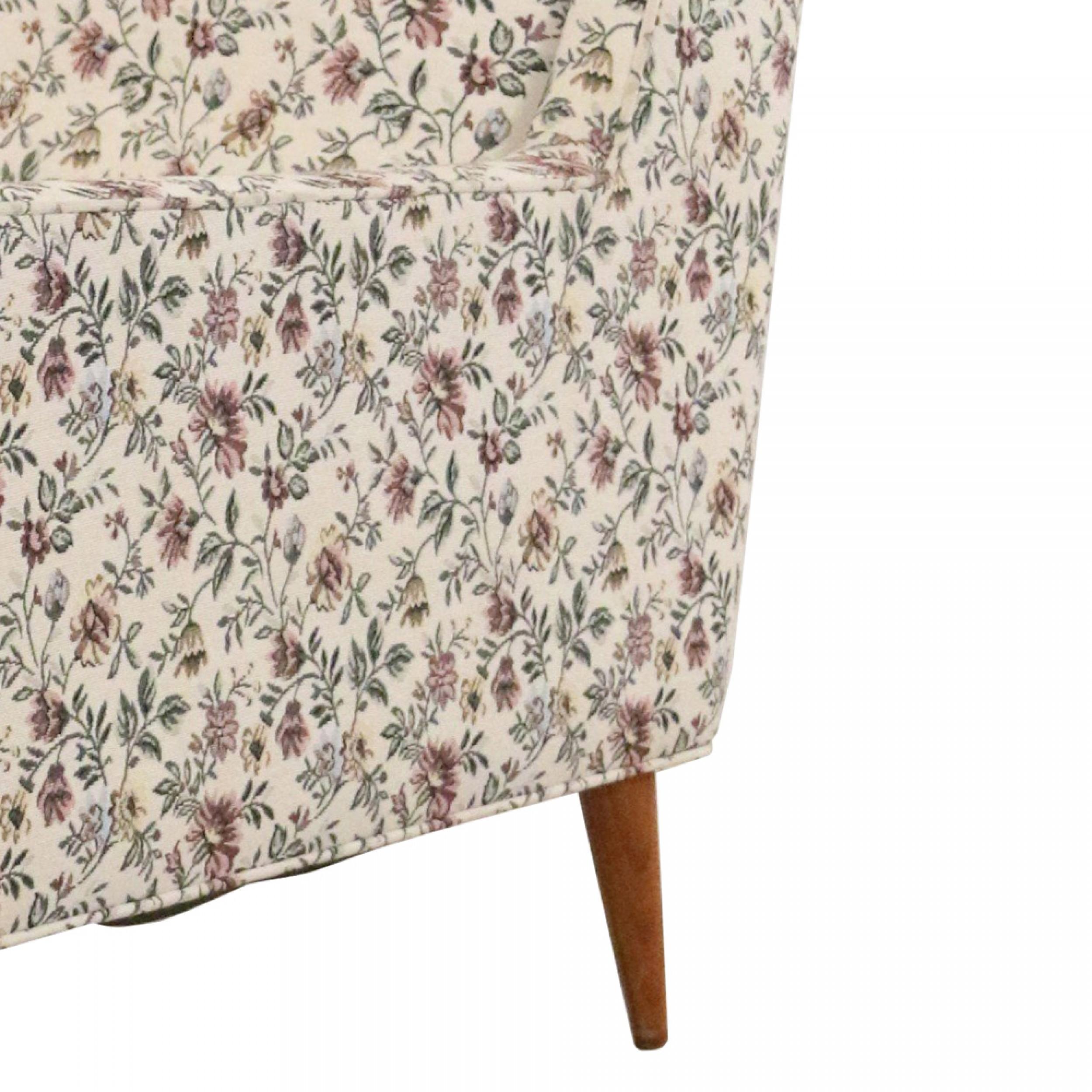 Hand-Crafted Paul McCobb Style Mid-Century Modern Beige Floral Upholstered Lounge/Armchair For Sale