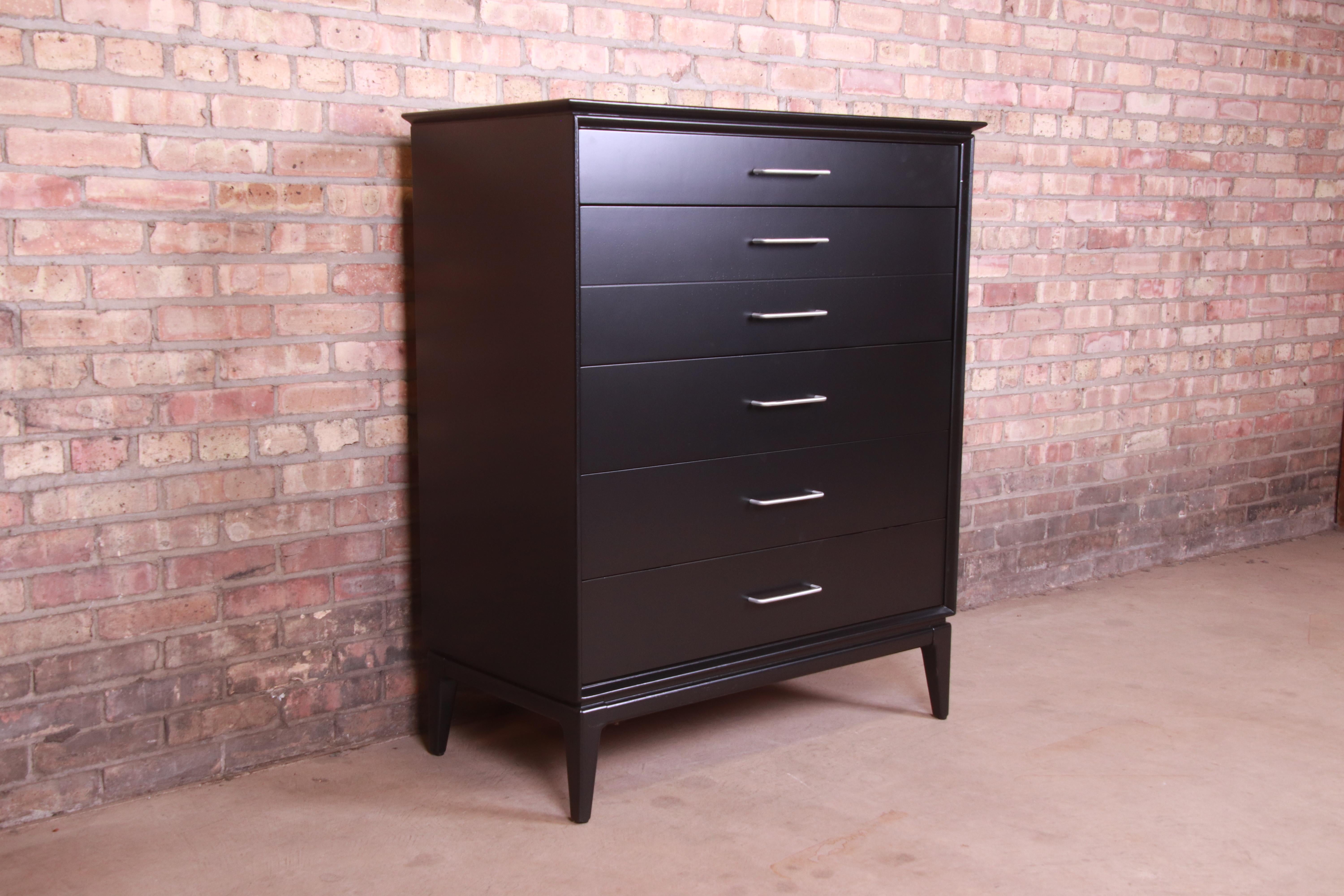 American Paul McCobb Style Mid-Century Modern Black Lacquered Highboy Dresser, Refinished