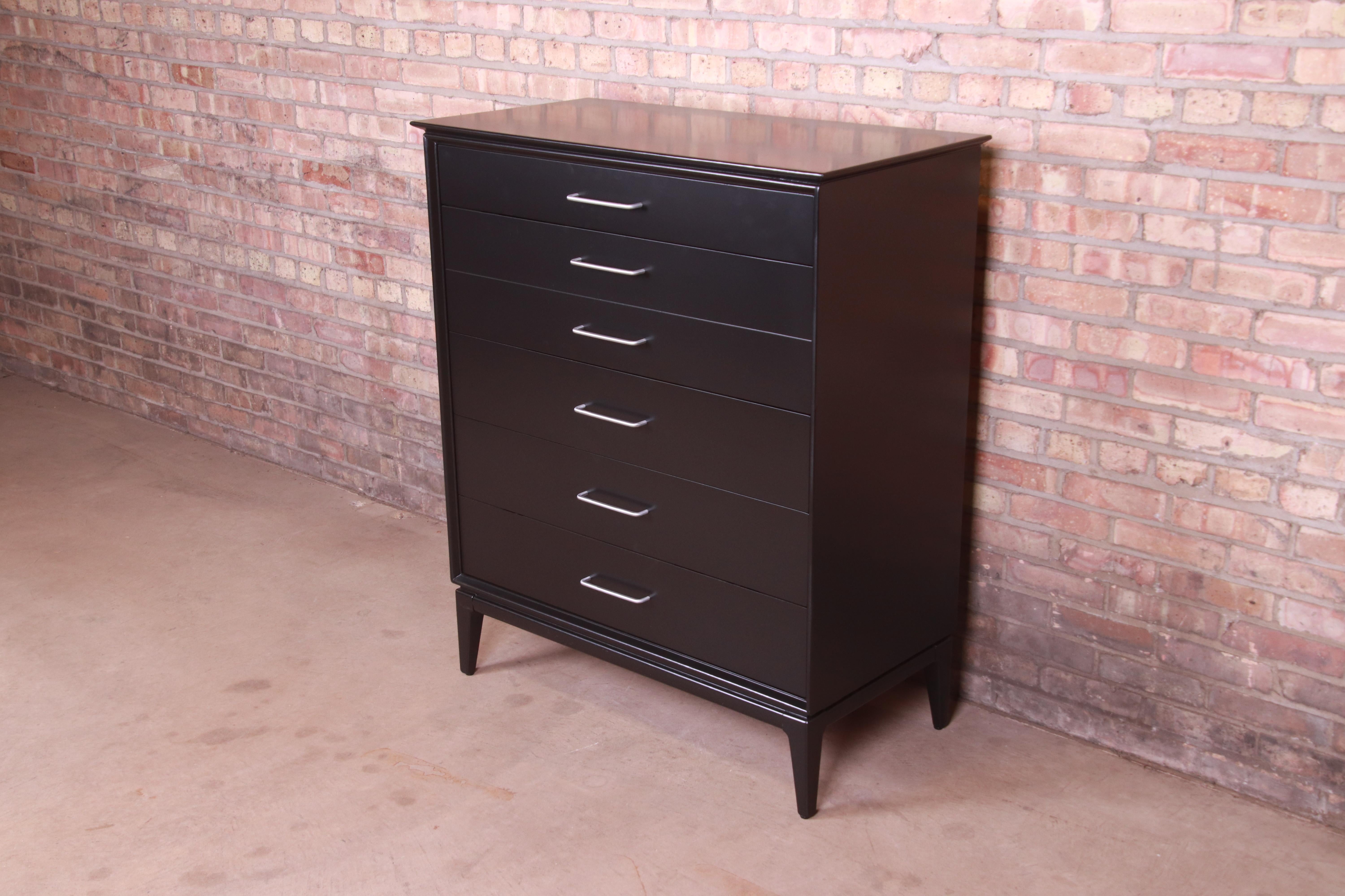 Paul McCobb Style Mid-Century Modern Black Lacquered Highboy Dresser, Refinished In Good Condition In South Bend, IN