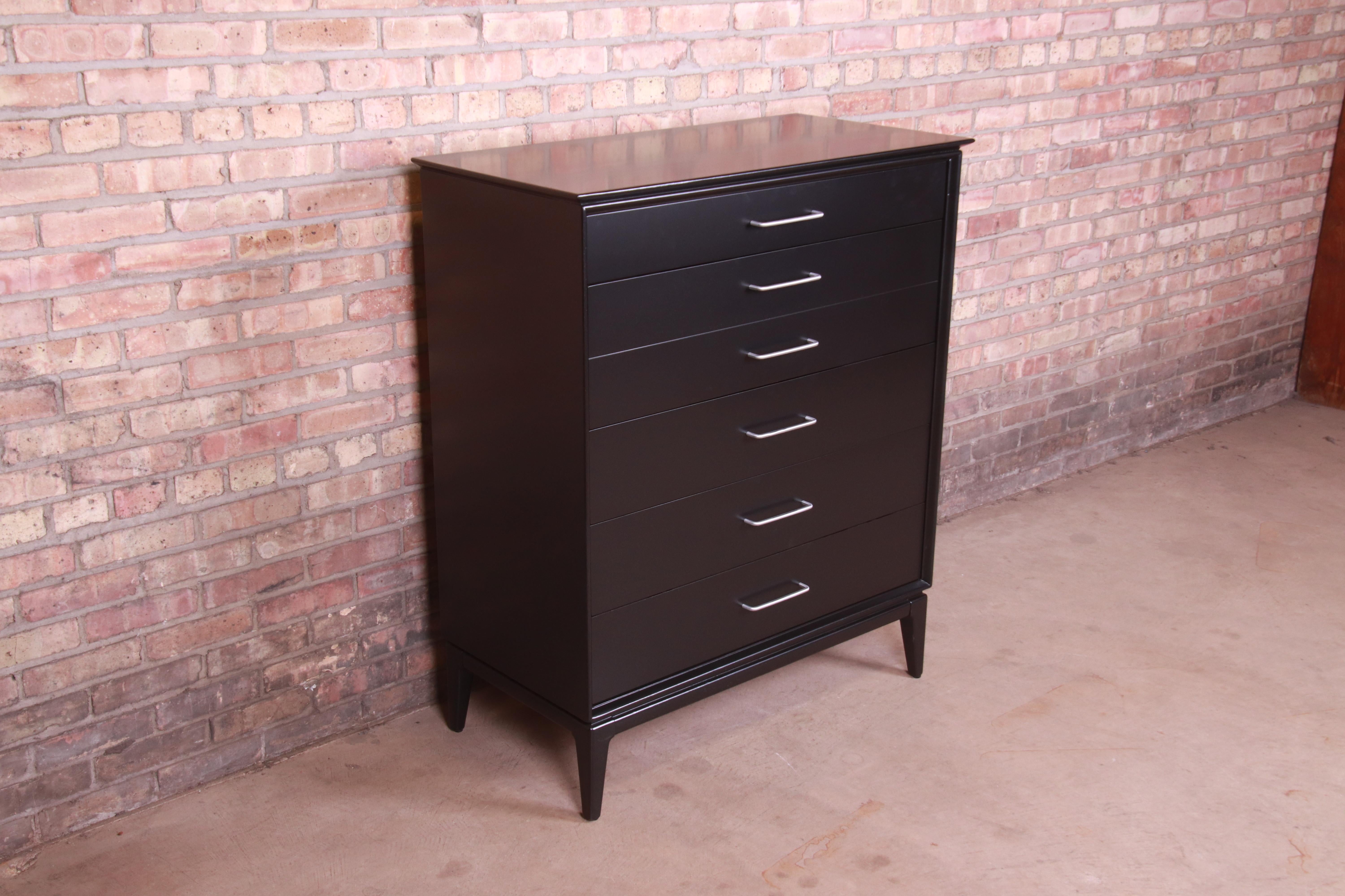 Mid-20th Century Paul McCobb Style Mid-Century Modern Black Lacquered Highboy Dresser, Refinished
