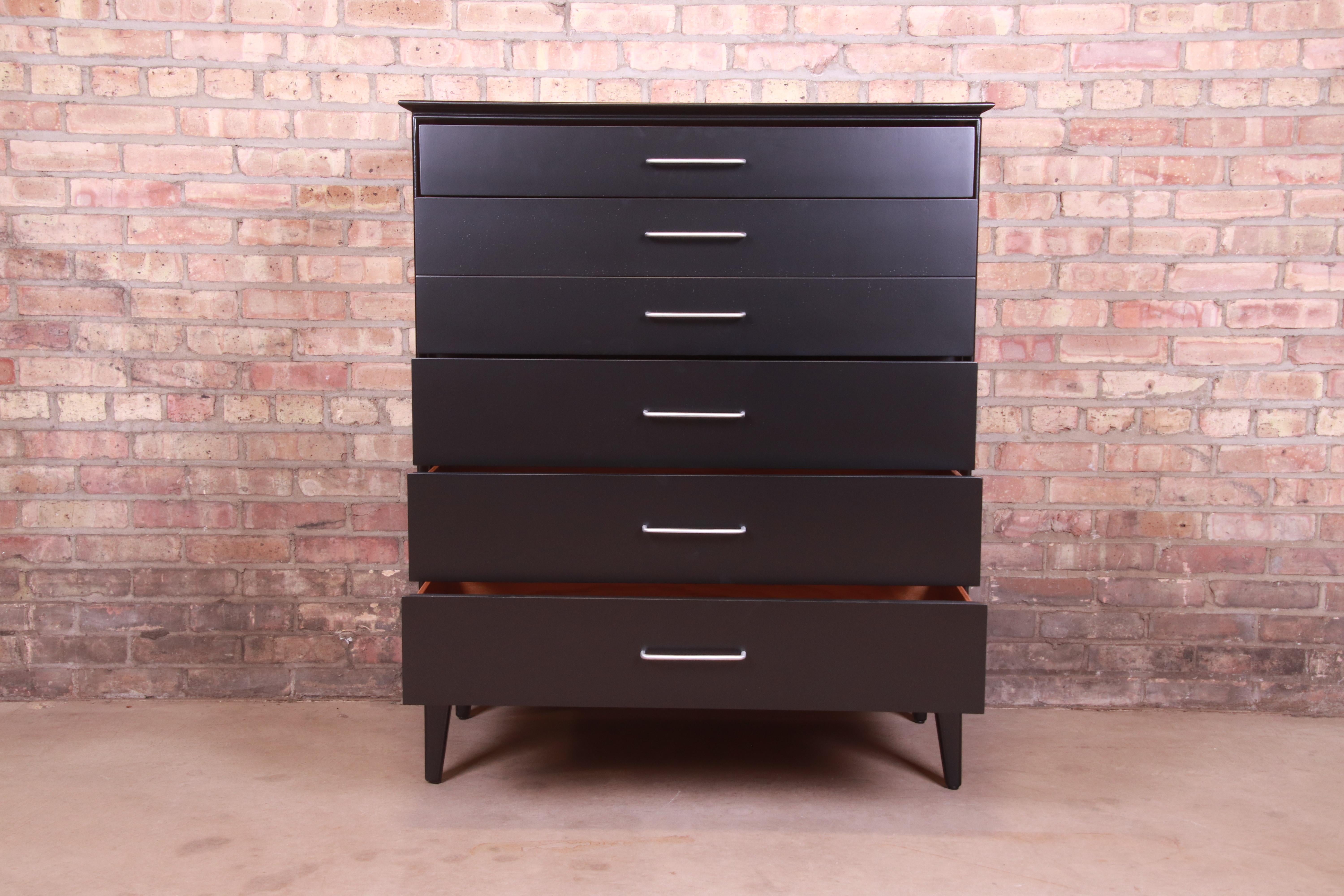 Metal Paul McCobb Style Mid-Century Modern Black Lacquered Highboy Dresser, Refinished