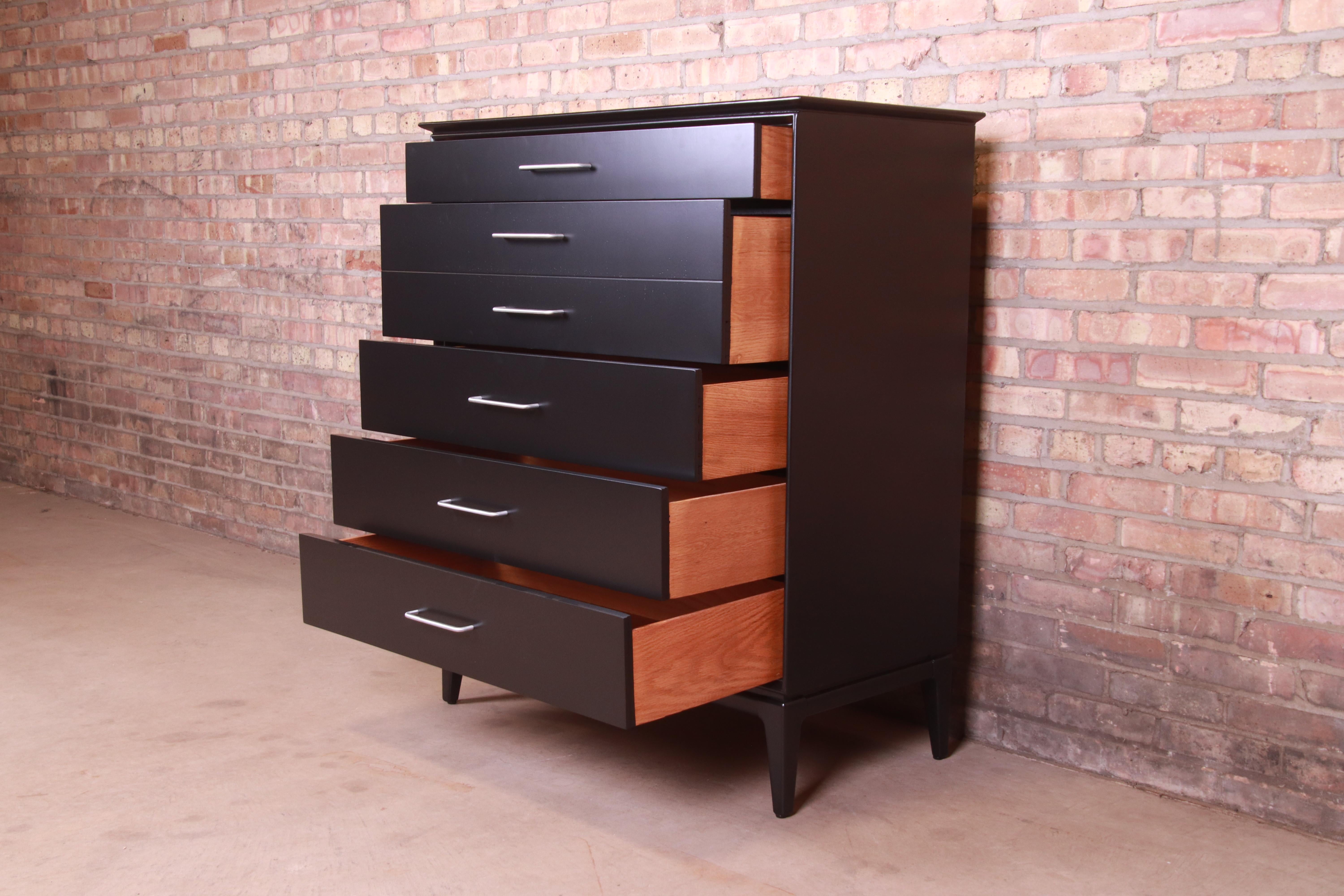 Paul McCobb Style Mid-Century Modern Black Lacquered Highboy Dresser, Refinished 1