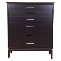 Paul McCobb Style Mid-Century Modern Black Lacquered Highboy Dresser, Refinished