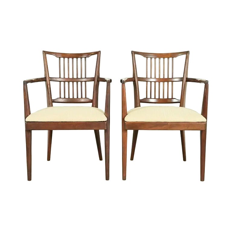 Paul McCobb Style Mid-Century Modern Walnut Spindle Back Armchairs, Pair