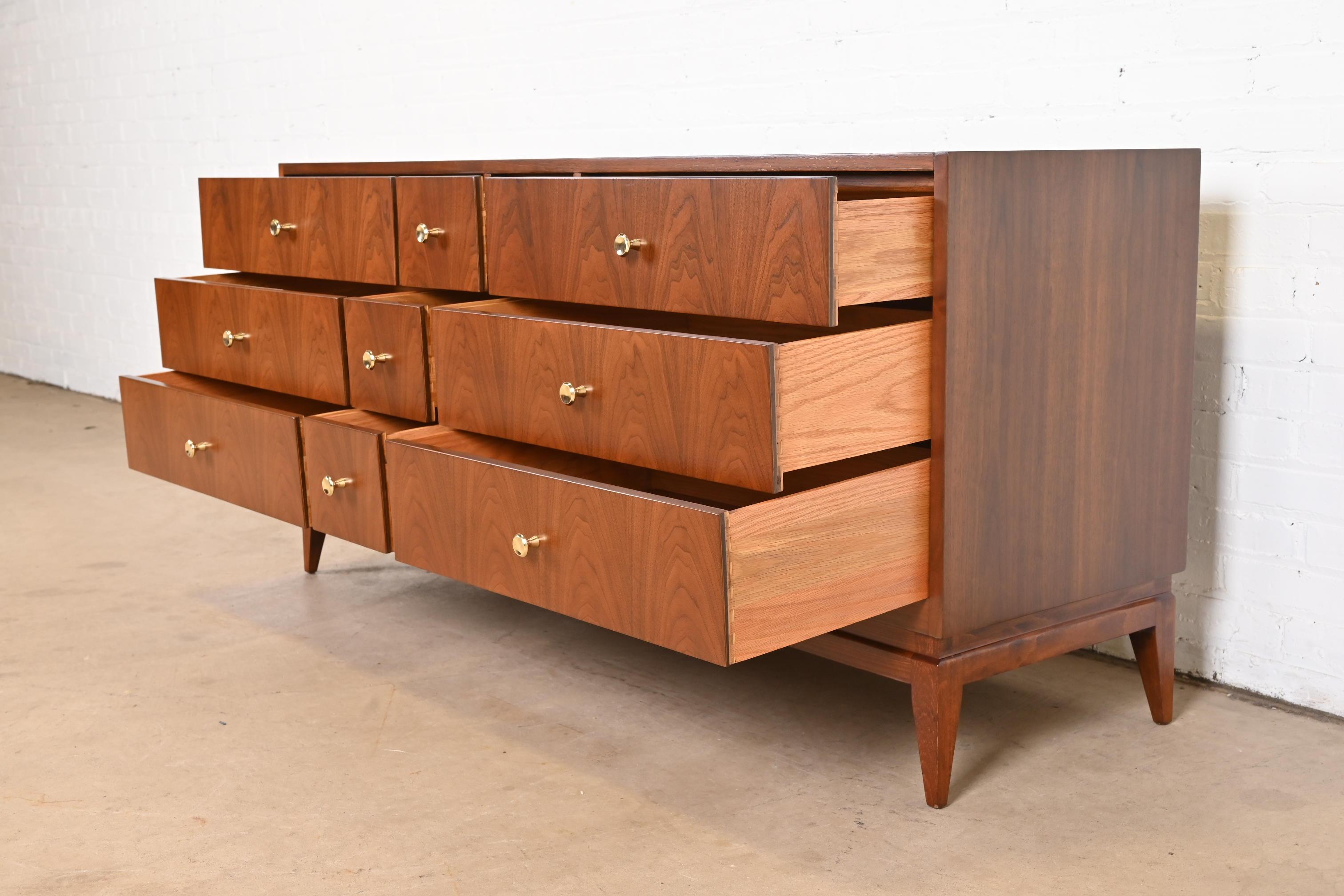 Brass Paul McCobb Style Mid-Century Modern Walnut Triple Dresser, Newly Refinished