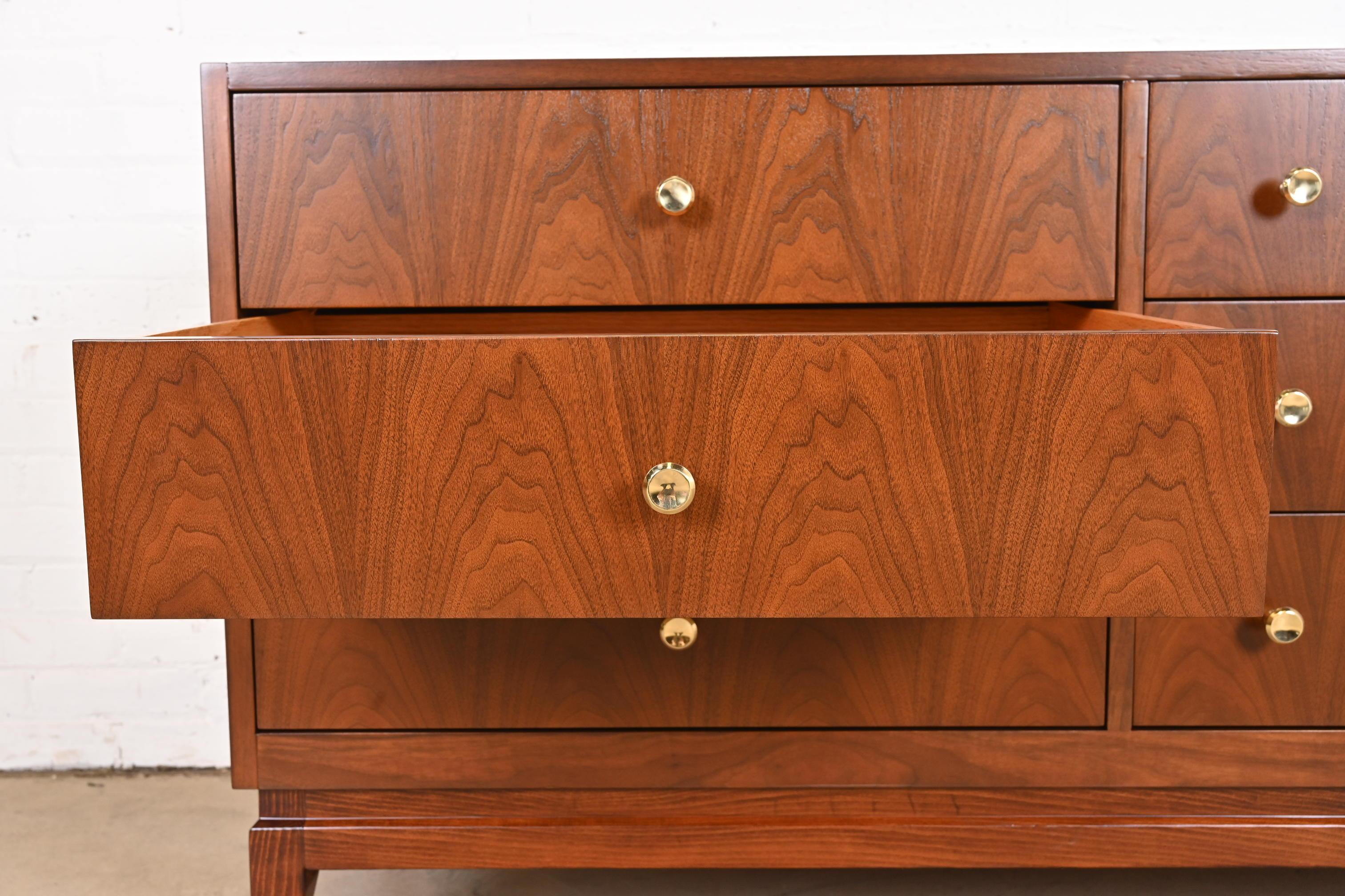 Paul McCobb Style Mid-Century Modern Walnut Triple Dresser, Newly Refinished 1
