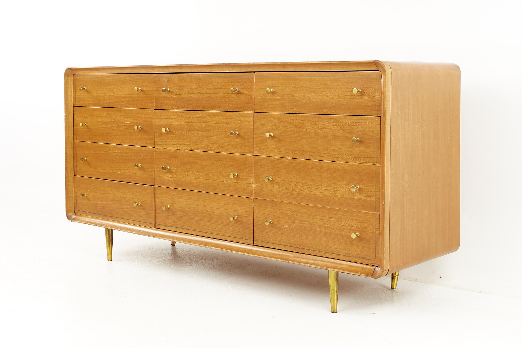 Mid-Century Modern Cavalier Mid-Century Walnut and Brass 12 Drawer Lowboy Dresser