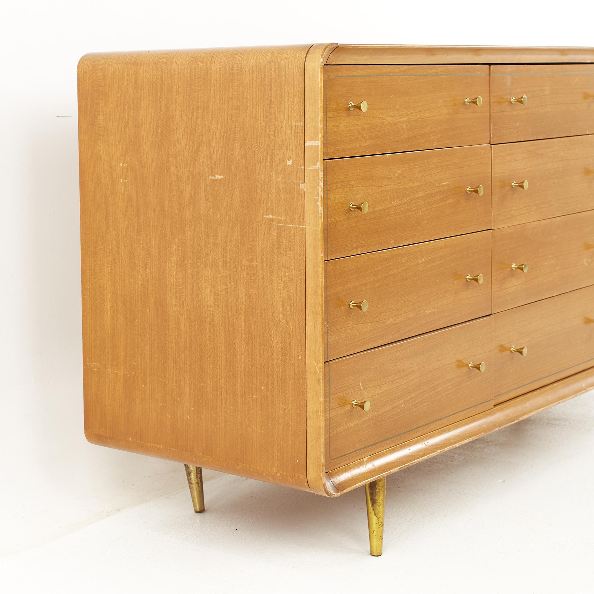 American Cavalier Mid-Century Walnut and Brass 12 Drawer Lowboy Dresser