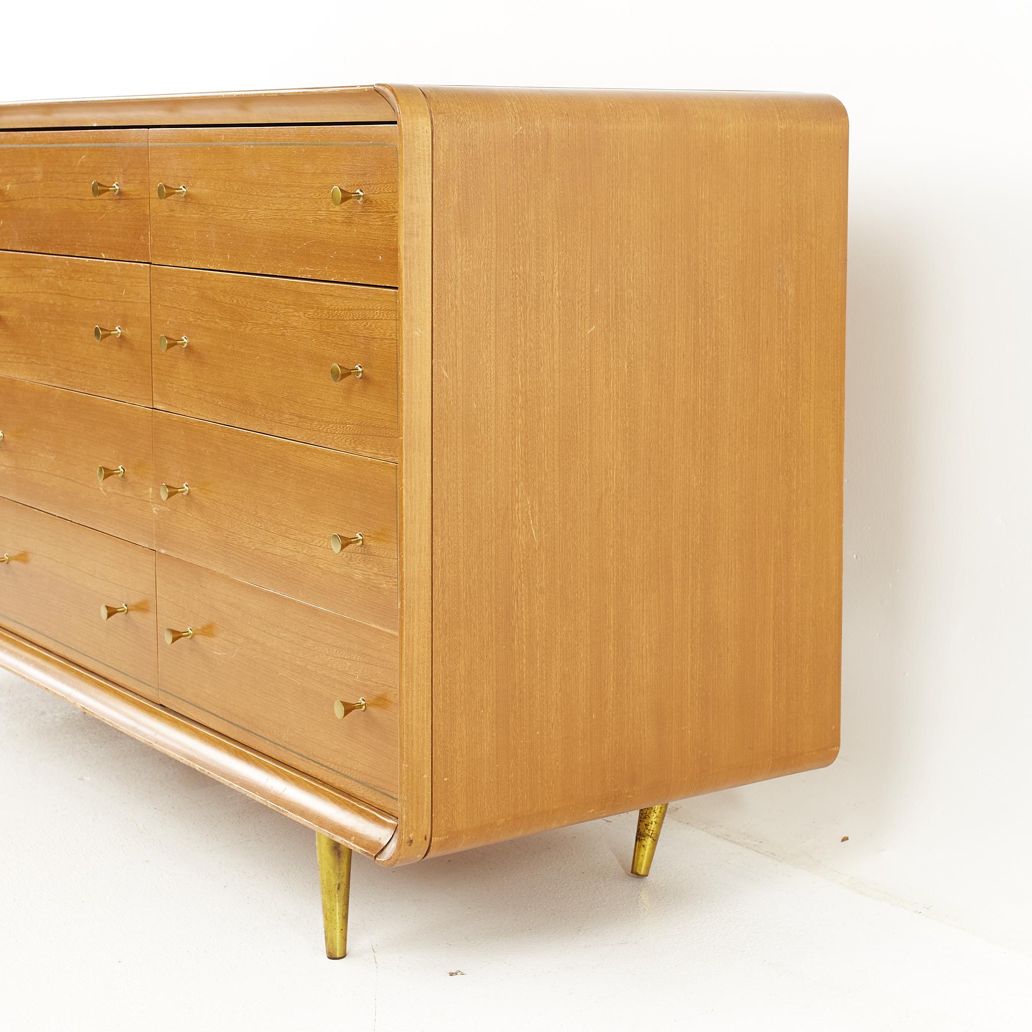 Cavalier Mid-Century Walnut and Brass 12 Drawer Lowboy Dresser In Good Condition In Countryside, IL