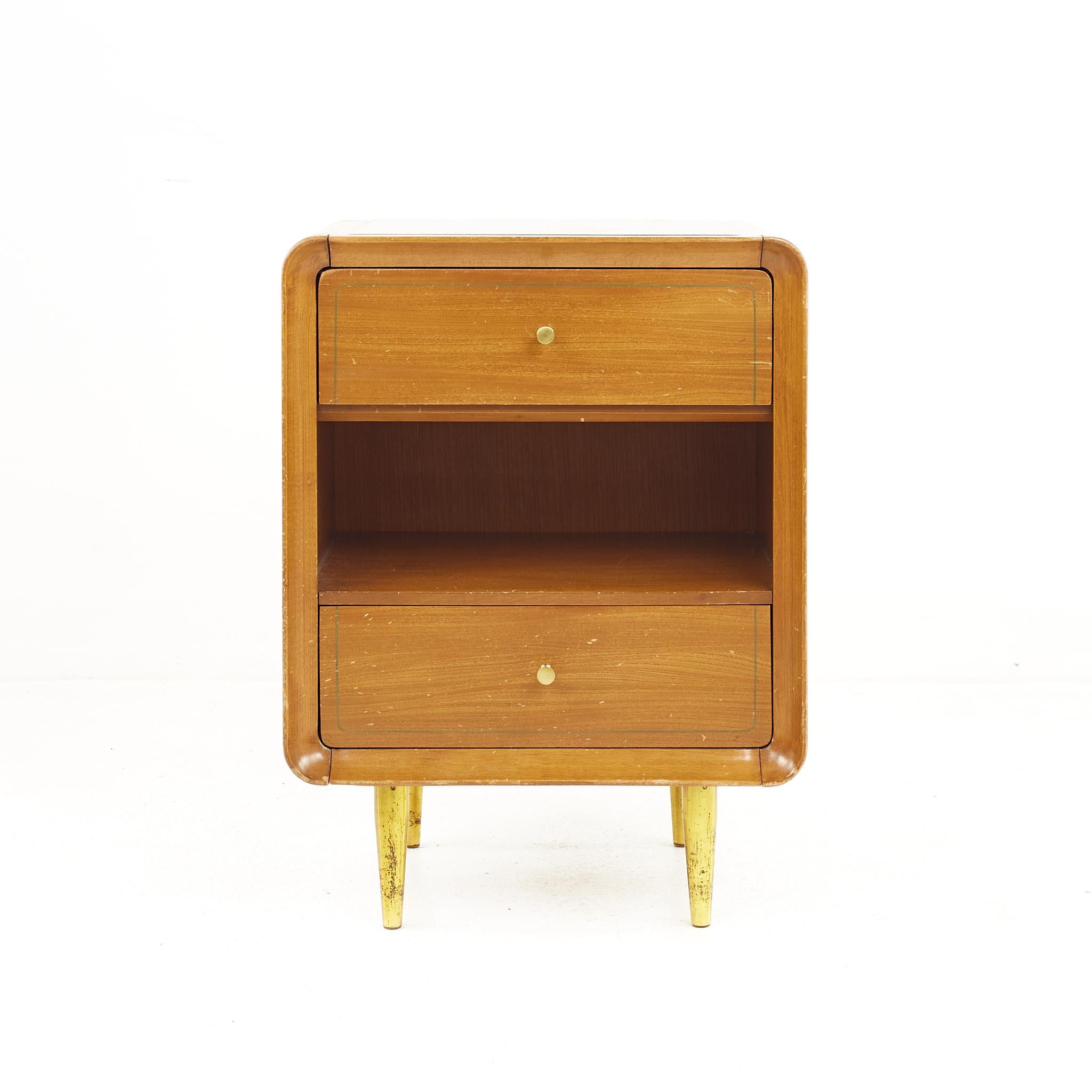 Cavalier mid-century walnut and brass 2 drawer nightstand.

The nightstand measures: 20 wide x 15 deep x 27.25 inches high.

All pieces of furniture can be had in what we call restored vintage condition. That means the piece is restored upon