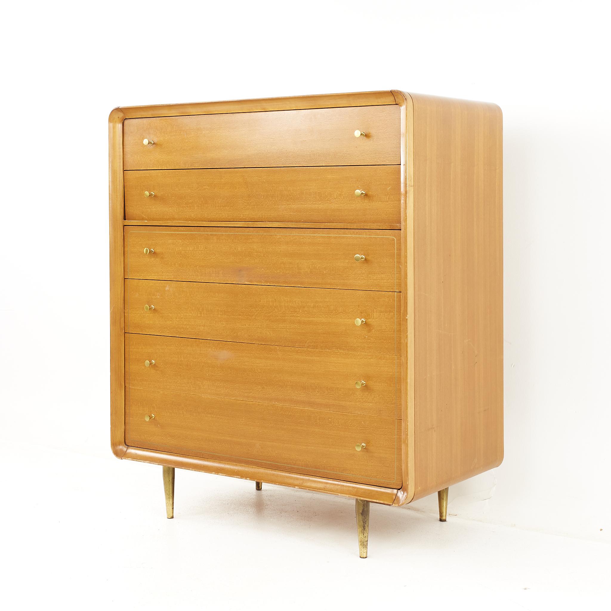 Mid-Century Modern Cavalier Mid Century Walnut and Brass 6 Drawer Highboy Dresser For Sale
