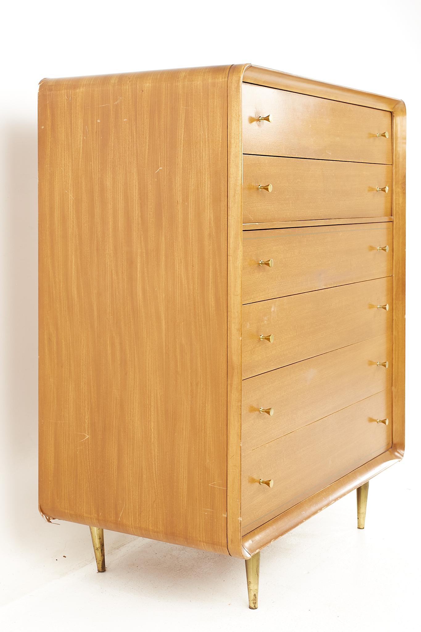 American Cavalier Mid Century Walnut and Brass 6 Drawer Highboy Dresser For Sale