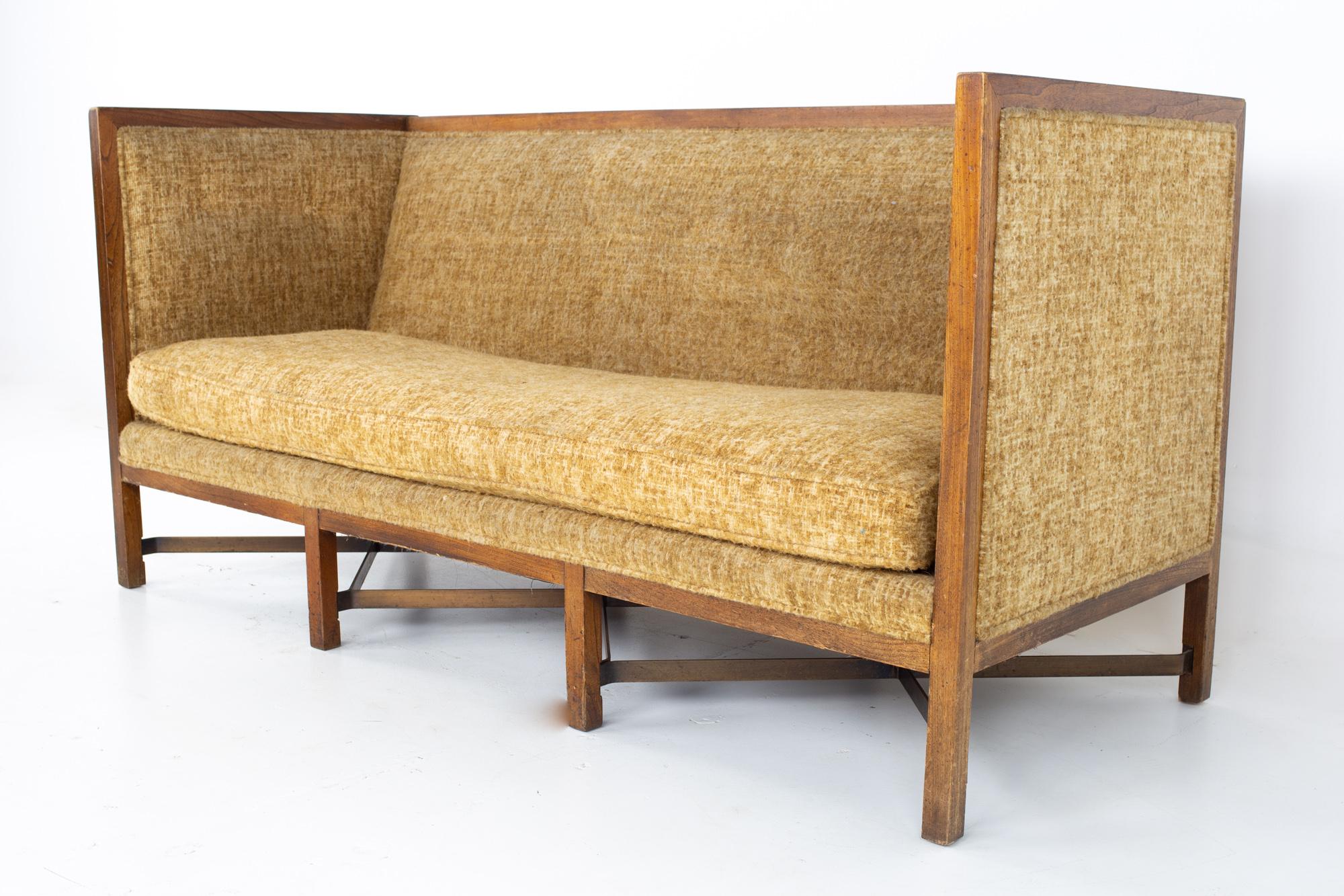 Paul McCobb style Mid Century walnut and brass shelter sofa
Sofa measures: 73 wide x 29 deep x 35 high, with a seat height of 17 inches 

All pieces of furniture can be had in what we call restored vintage condition. That means the piece is
