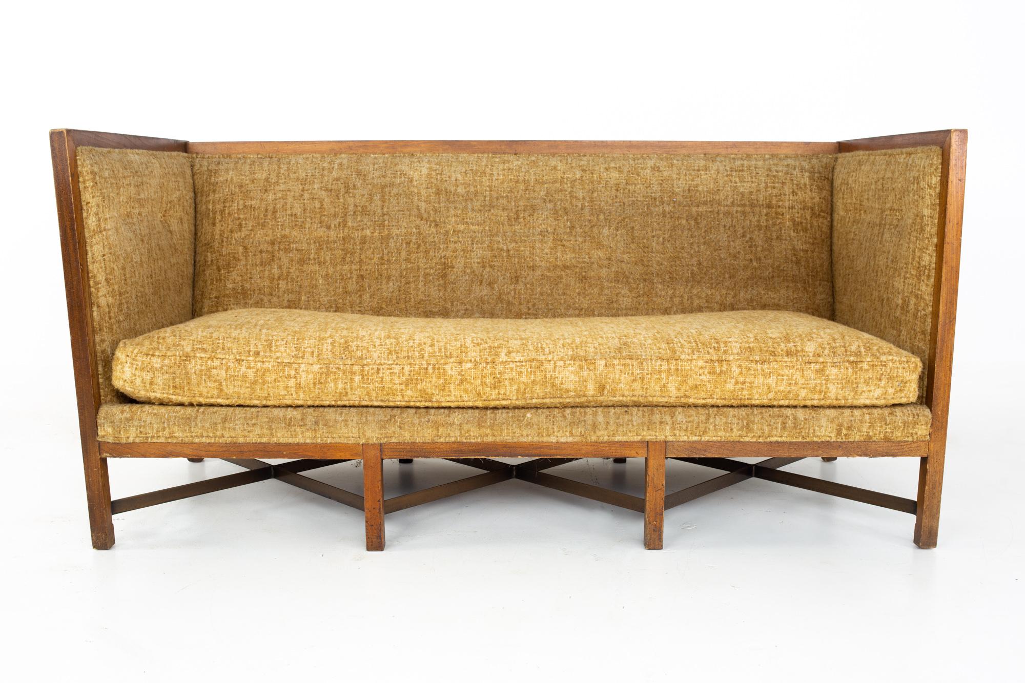 Mid-Century Modern Paul McCobb Style Mid Century Walnut and Brass Shelter Sofa