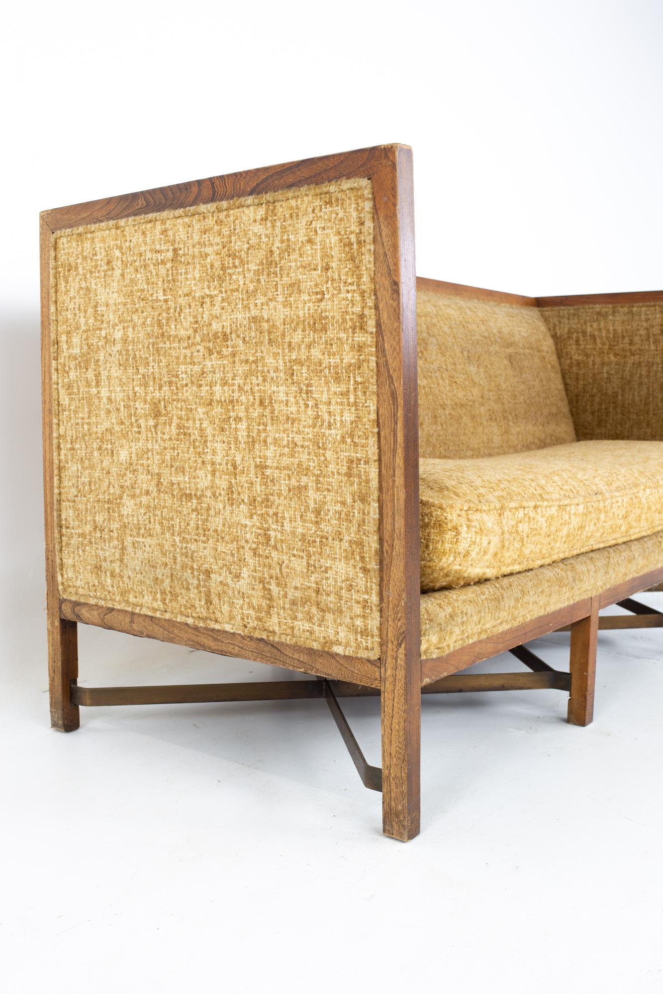 American Paul McCobb Style Mid Century Walnut and Brass Shelter Sofa