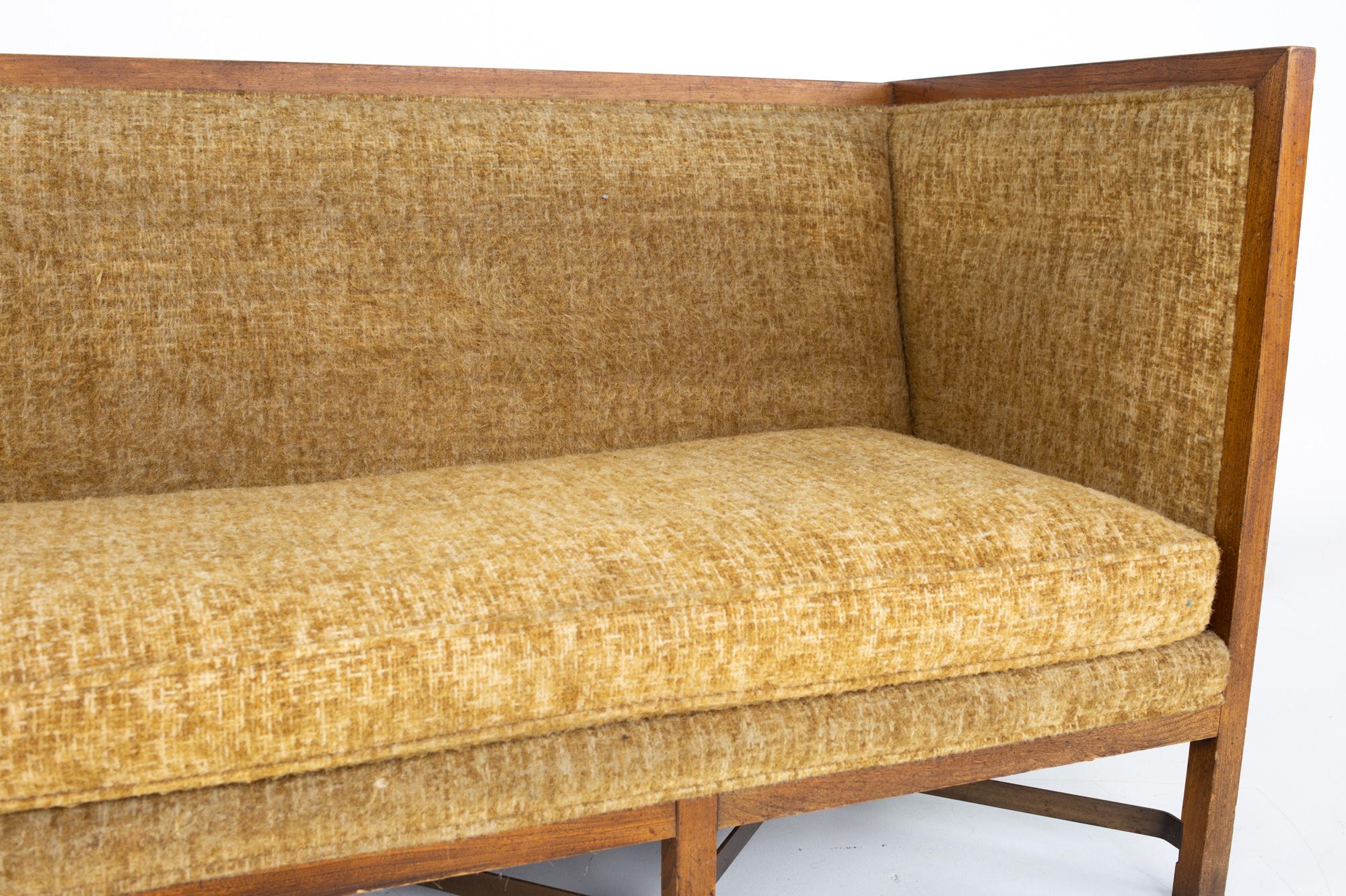 Late 20th Century Paul McCobb Style Mid Century Walnut and Brass Shelter Sofa