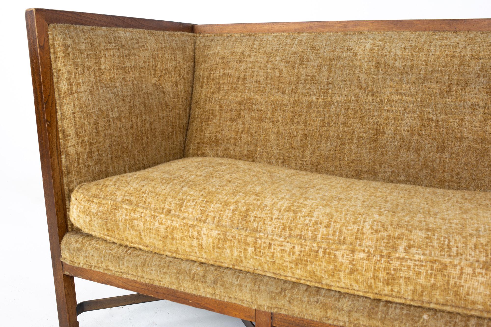 Paul McCobb Style Mid Century Walnut and Brass Shelter Sofa 1