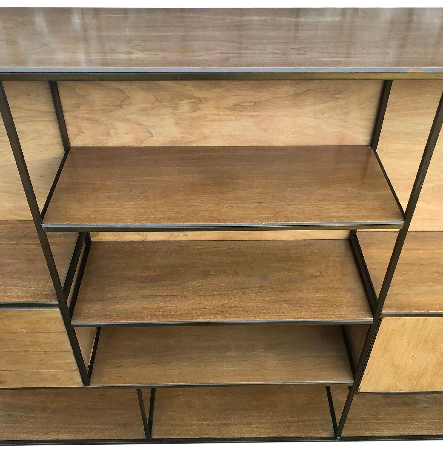 Mid-Century Modern Paul McCobb Style Midcentury Low Brass Bookcase Room Divider Shelf Unit 4-Drawer