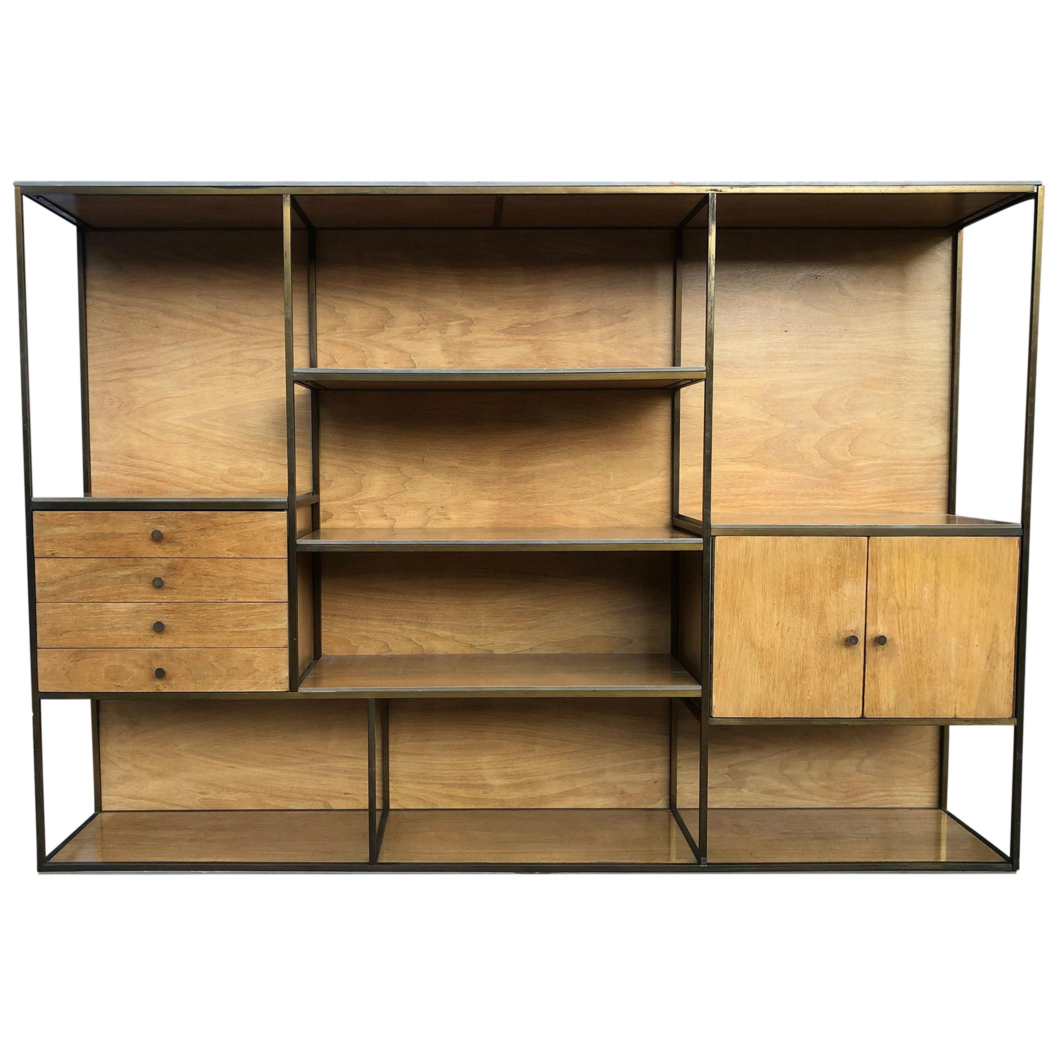 Paul McCobb Style Midcentury Low Brass Bookcase Room Divider Shelf Unit 4-Drawer