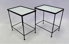 Paul McCobb Style Pair Blackened Iron and White Glass Occasional Side Tables