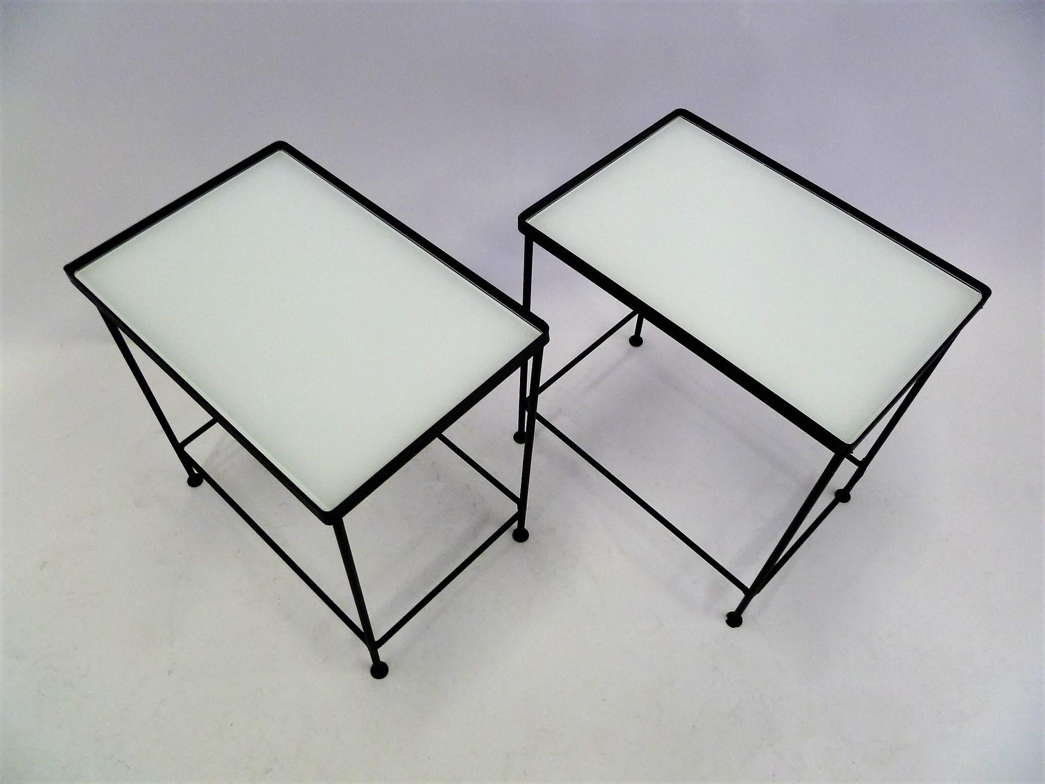 Mid-Century Modern Paul McCobb Style Pair Blackened Iron and White Glass Occasional Side Tables