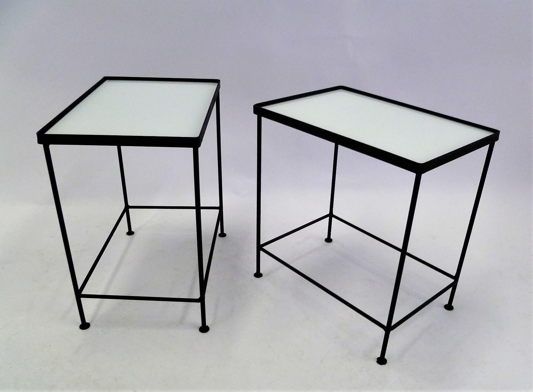 American Paul McCobb Style Pair Blackened Iron and White Glass Occasional Side Tables