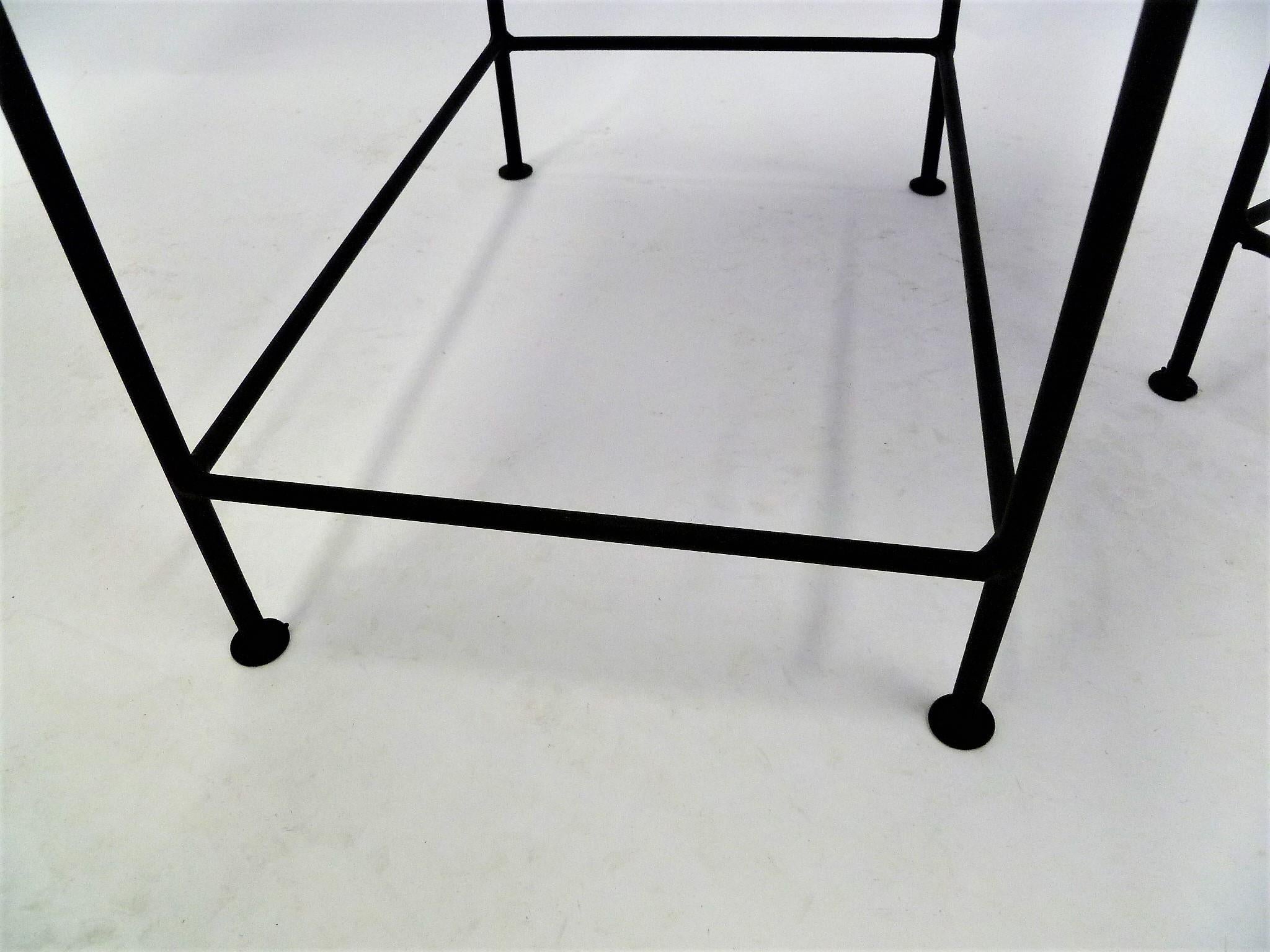Paul McCobb Style Pair Blackened Iron and White Glass Occasional Side Tables In Good Condition In Miami, FL