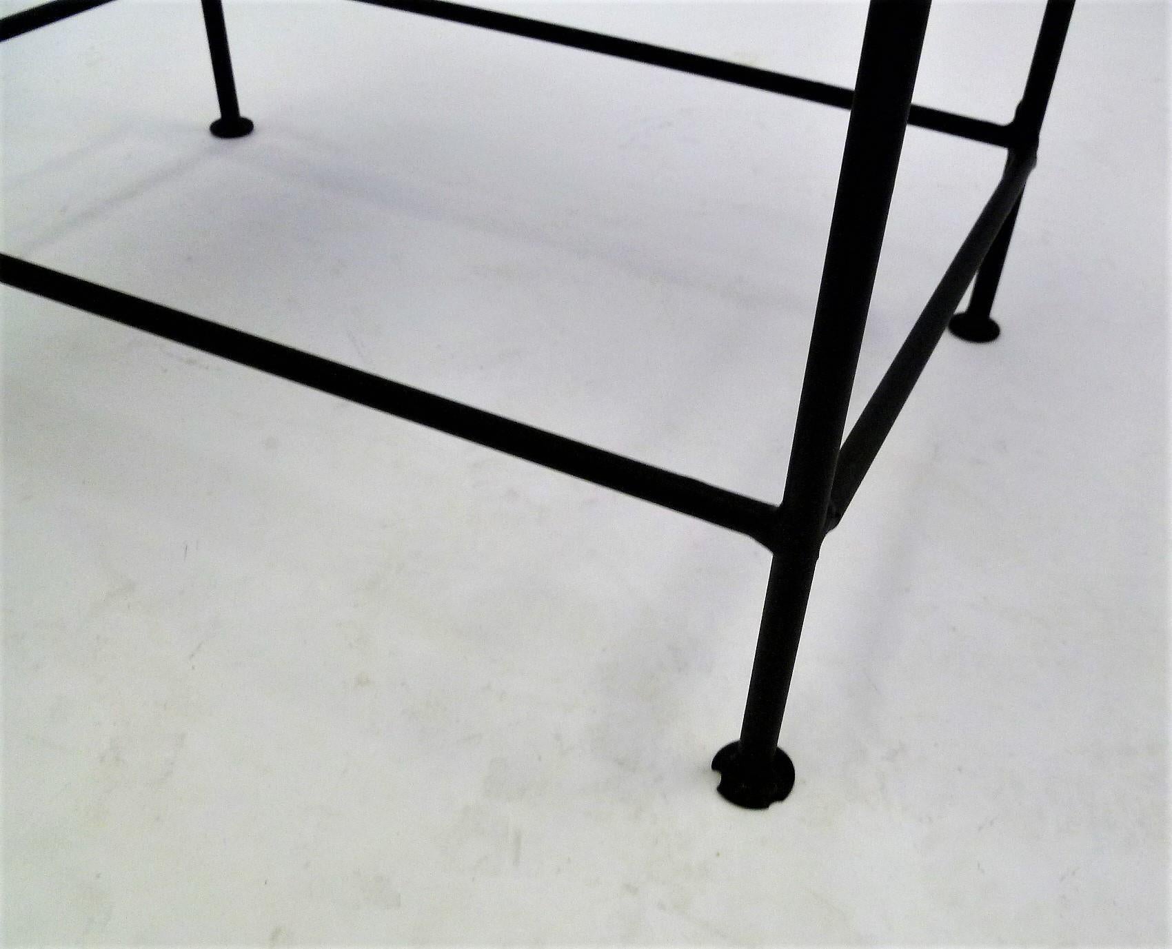 Mid-20th Century Paul McCobb Style Pair Blackened Iron and White Glass Occasional Side Tables